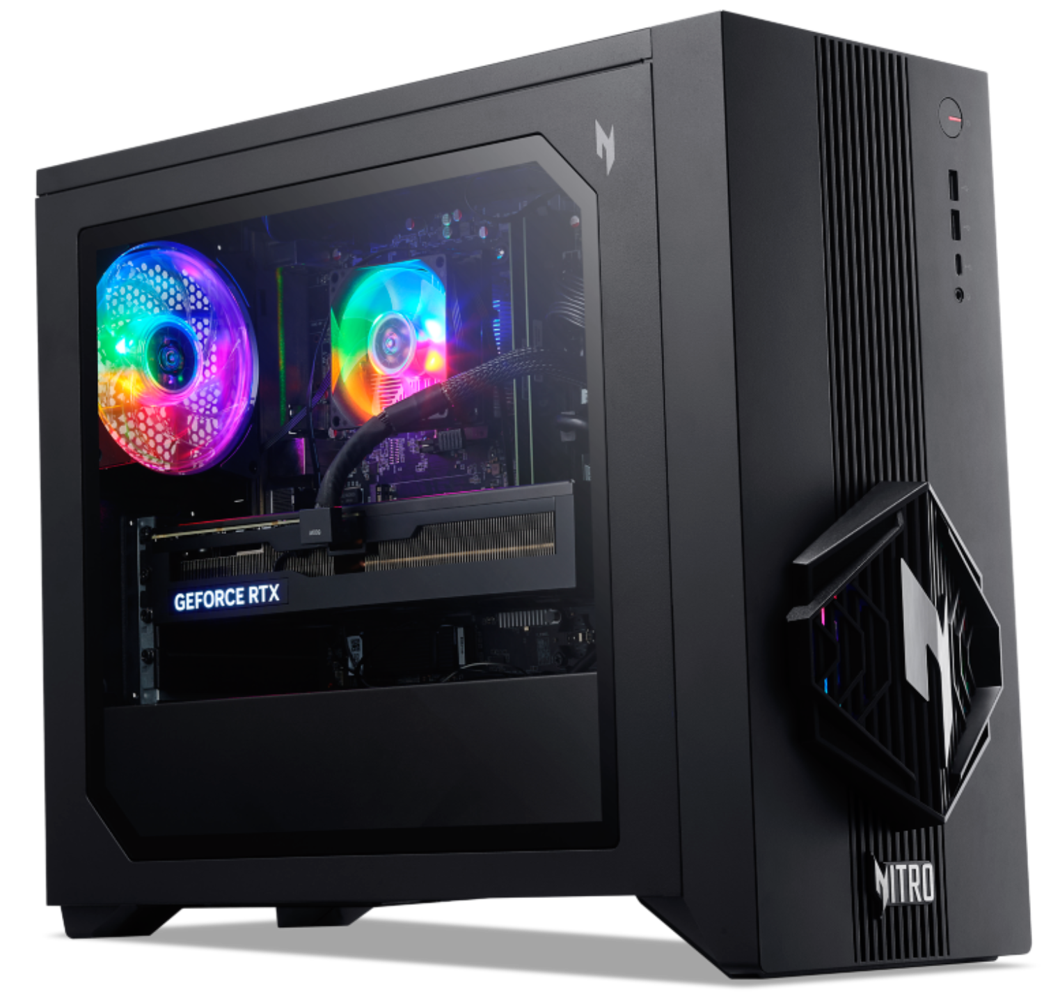 PC gamer negro con ventiladores RGB y tarjeta gráfica "GEFORCE RTX".