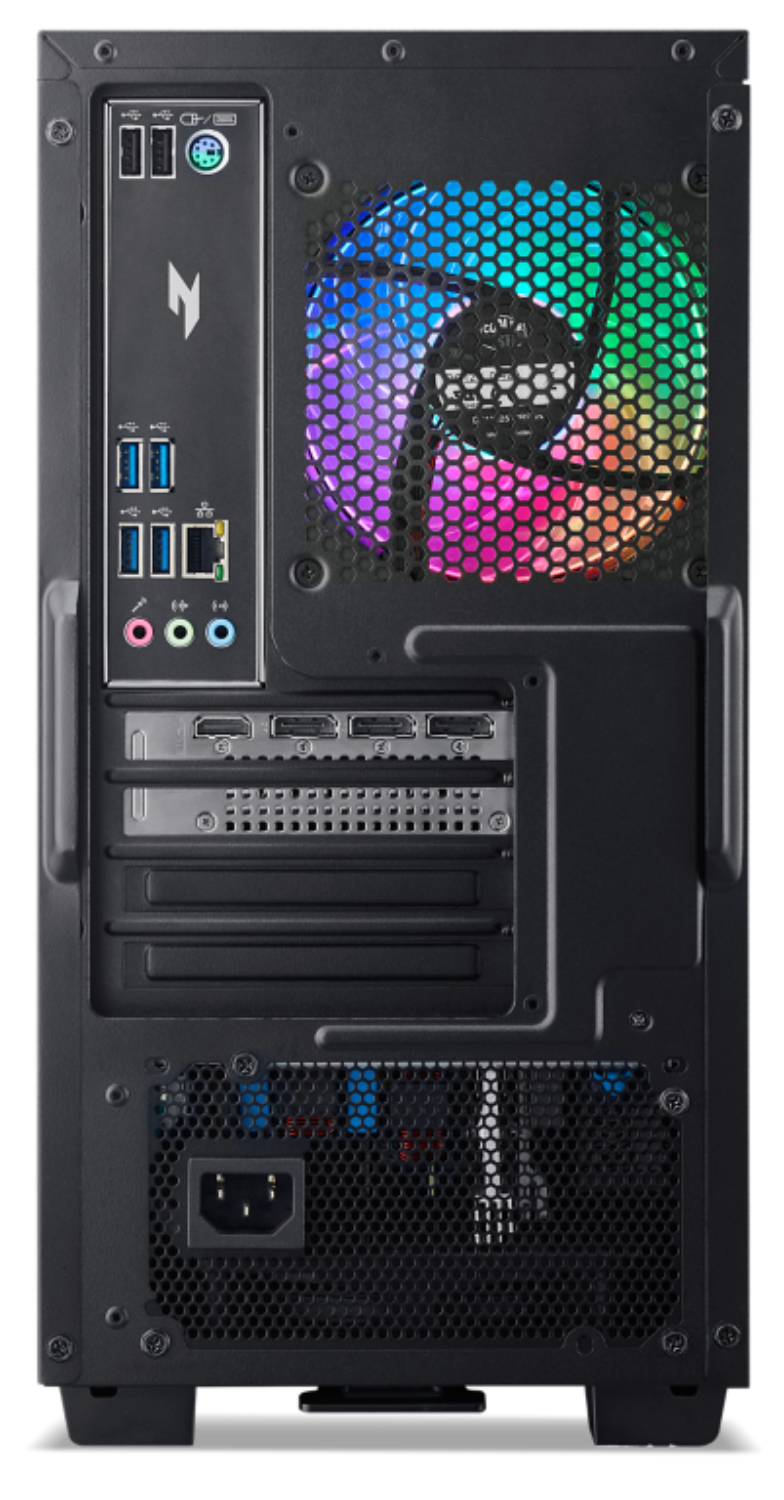 Parte trasera de caja de PC negra con ventilador RGB, puertos y fuente de alimentación.