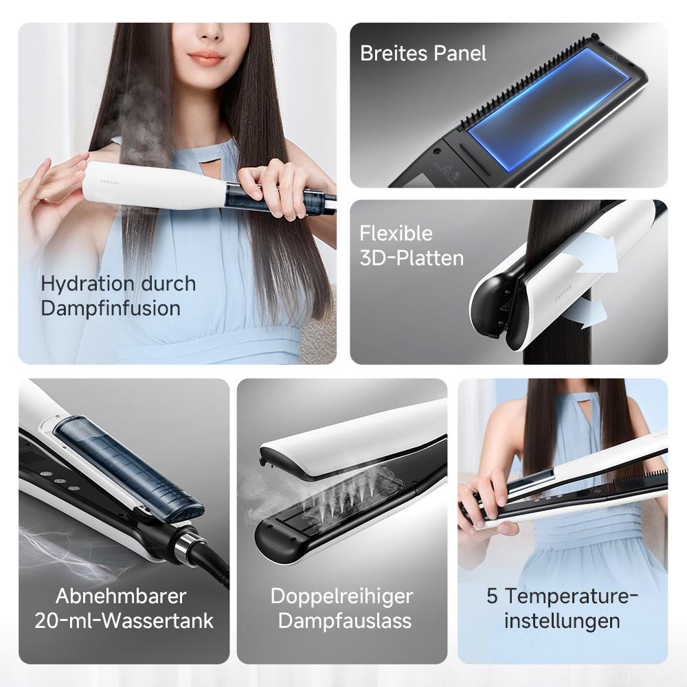 Ein Haarglätter mit Dampffunktion, breitem Panel und 5 Temperatureinstellungen.