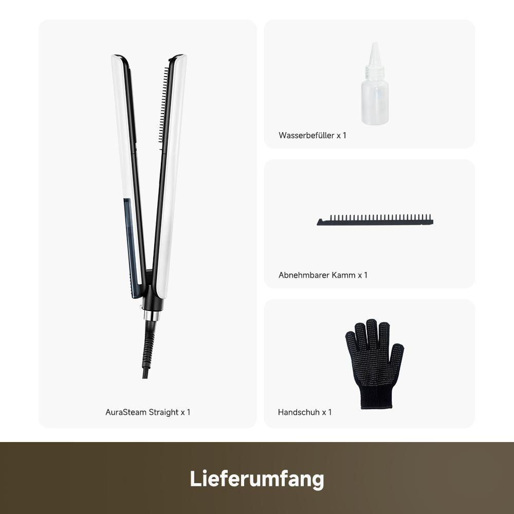 Haarglätter, Wasserbefüller, Kamm, Handschuh und Anleitung auf weißem Hintergrund.