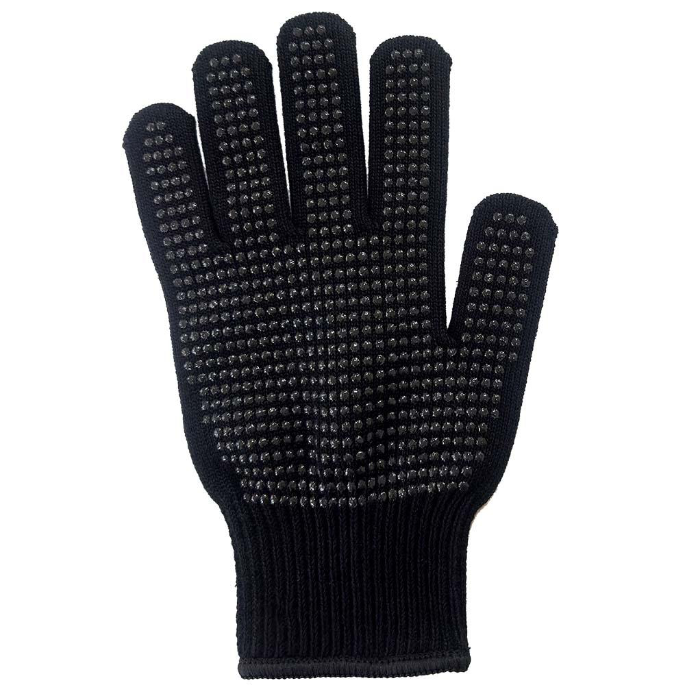 Ein schwarzer Arbeitshandschuh mit vielen kleinen Noppen auf der Handfläche und den Fingern.