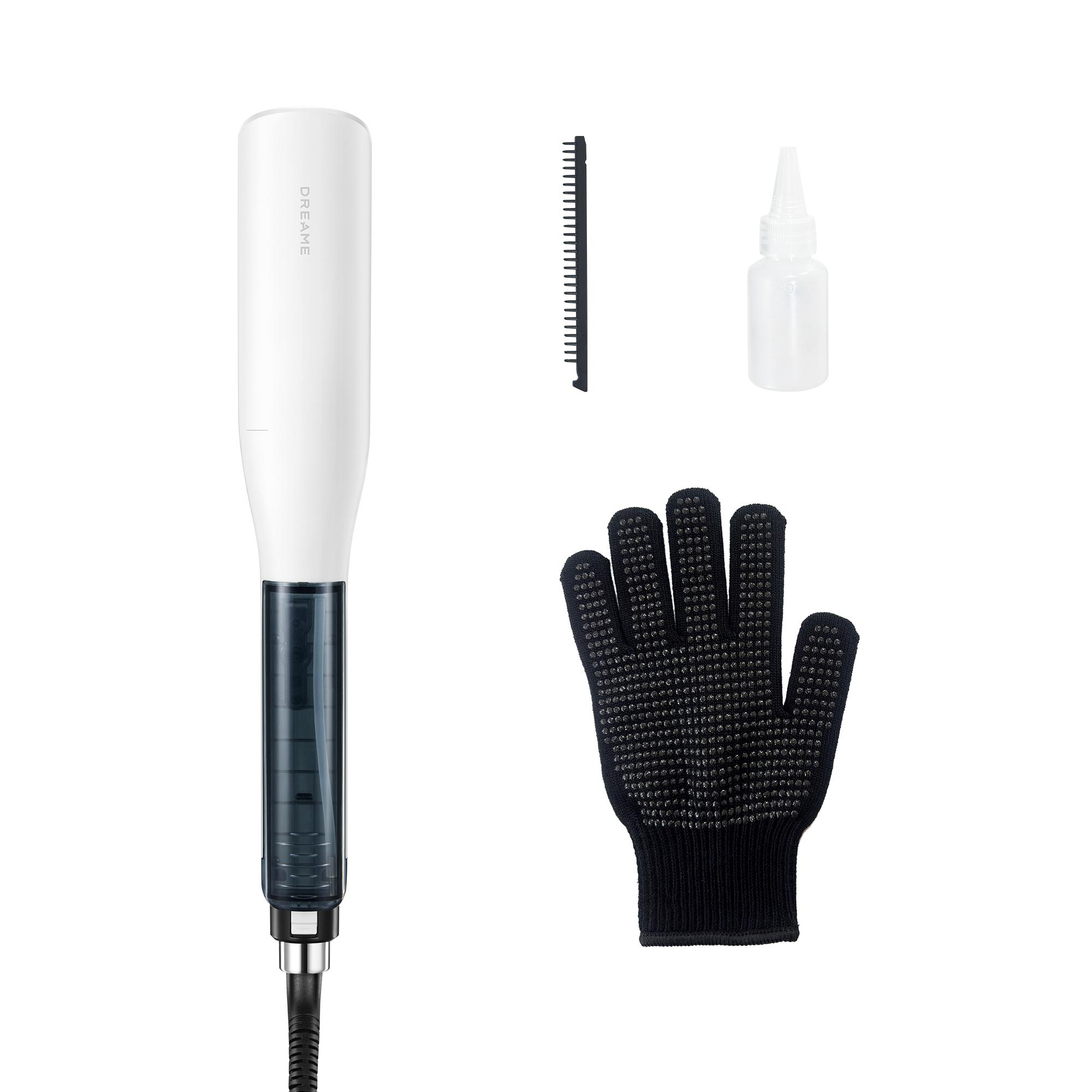 Ein weißer Haarglätter mit Zubehör: Kamm, Fläschchen und Handschuh.