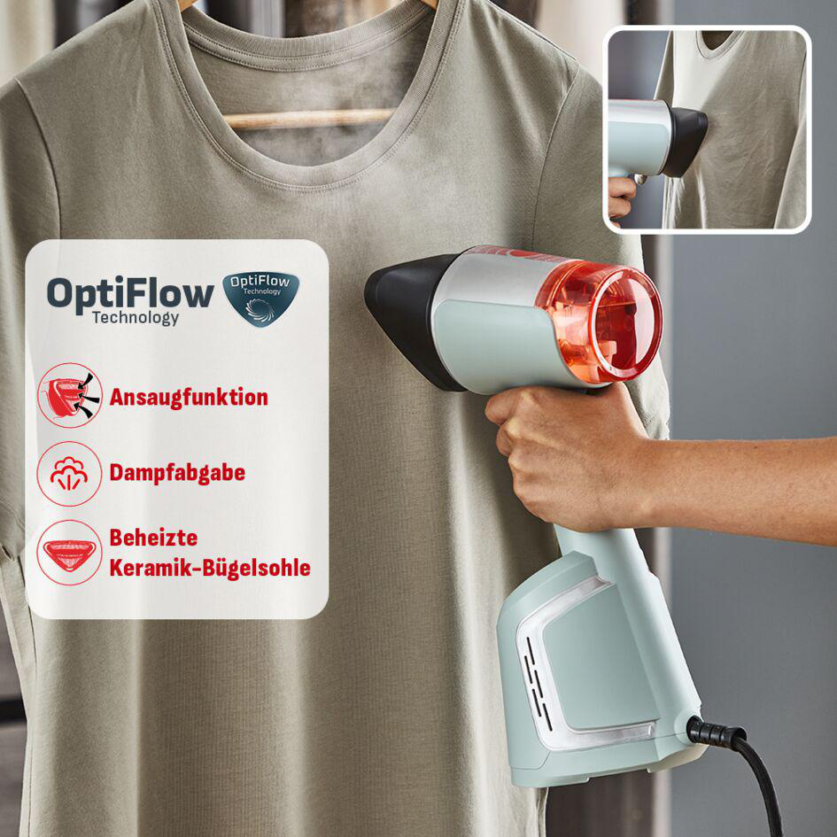 Handlicher Dampfglätter mit "OptiFlow Technology" glättet ein graues T-Shirt.
