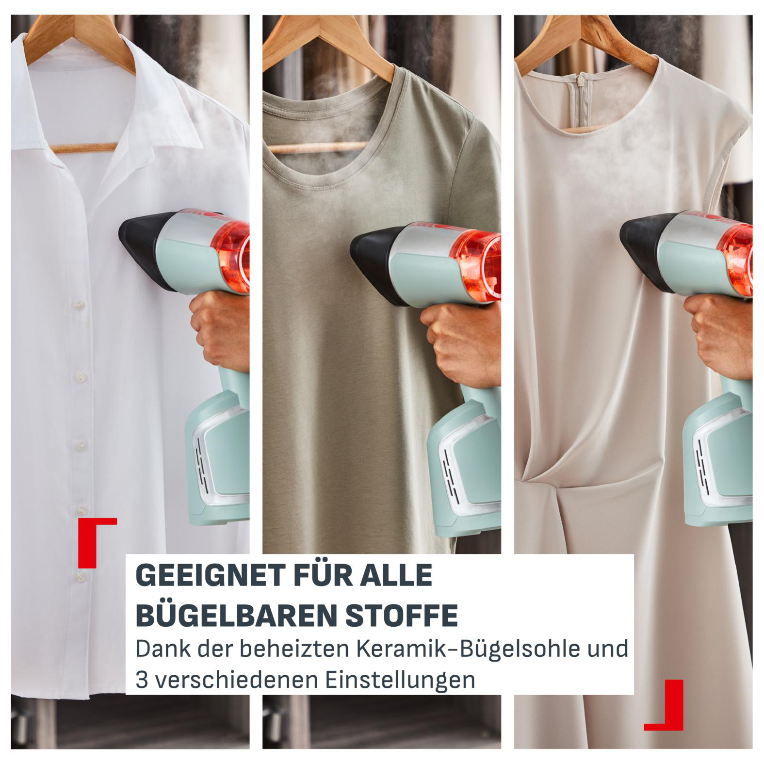 Ein Handdampfer wird verwendet, um weiße, grüne und beige Kleidungsstücke zu glätten.