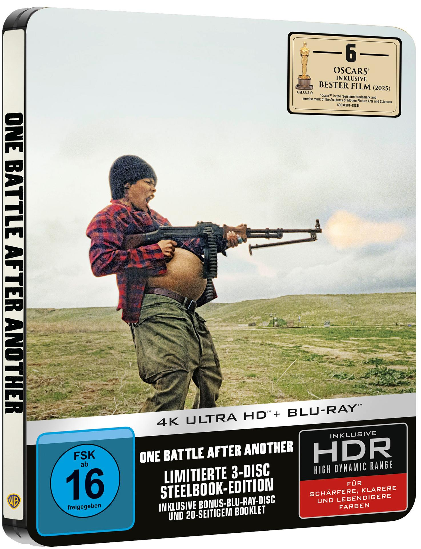 Mann mit Waffe im Freien; "One Battle After Another" Steelbook Edition.