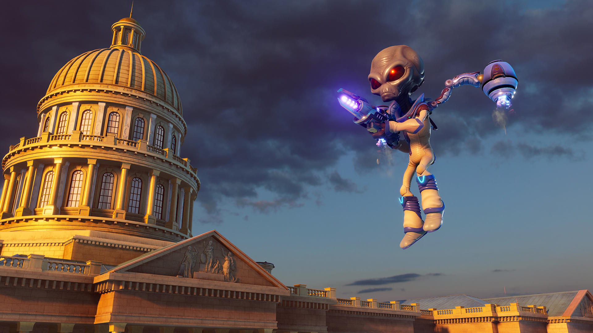 Ein Alien fliegt über einem Gebäude im griechischen Stil mit Kuppel.
