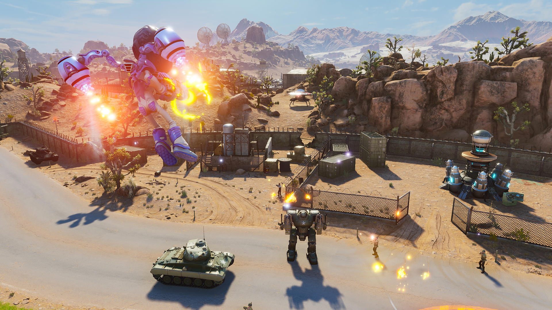 Ein Mech schwebt, während ein Panzer und ein weiterer Mech auf einem Wüstenplaneten kämpfen.