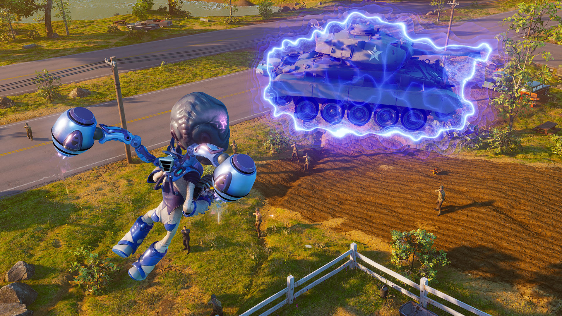 Ein Alien in einem blauen Anzug schwebt über einem Feld und transportiert einen Panzer, der von Blitzen umgeben ist.