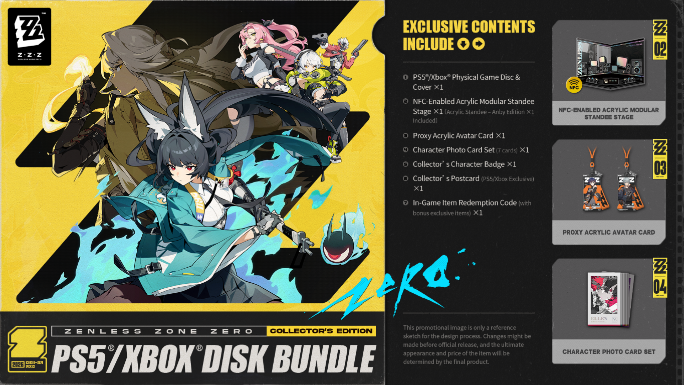 Grafika promocyjna dla pakietu dysku PS5/Xbox z postaciami i przedmiotami kolekcjonerskimi.