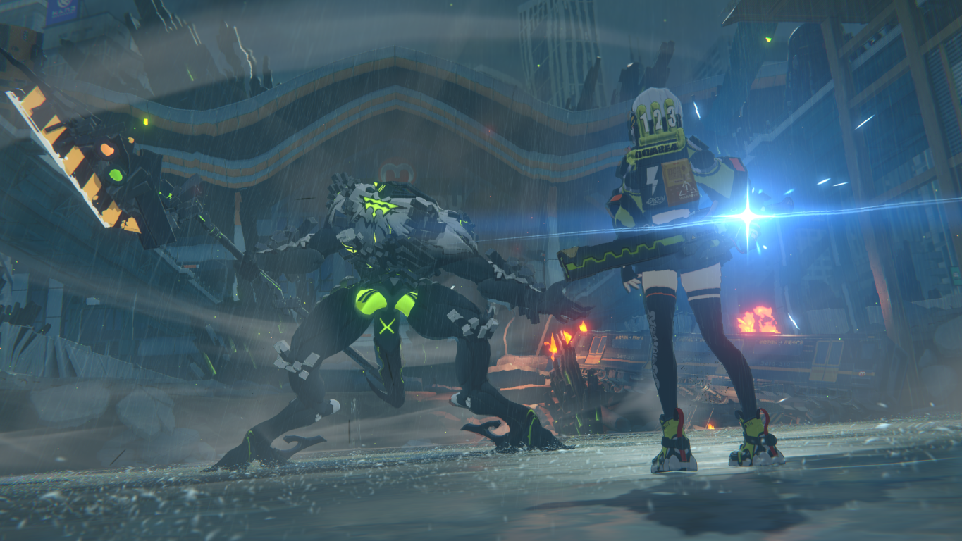 Robot i kobieta z bronią stoją naprzeciw siebie w deszczowym mieście.