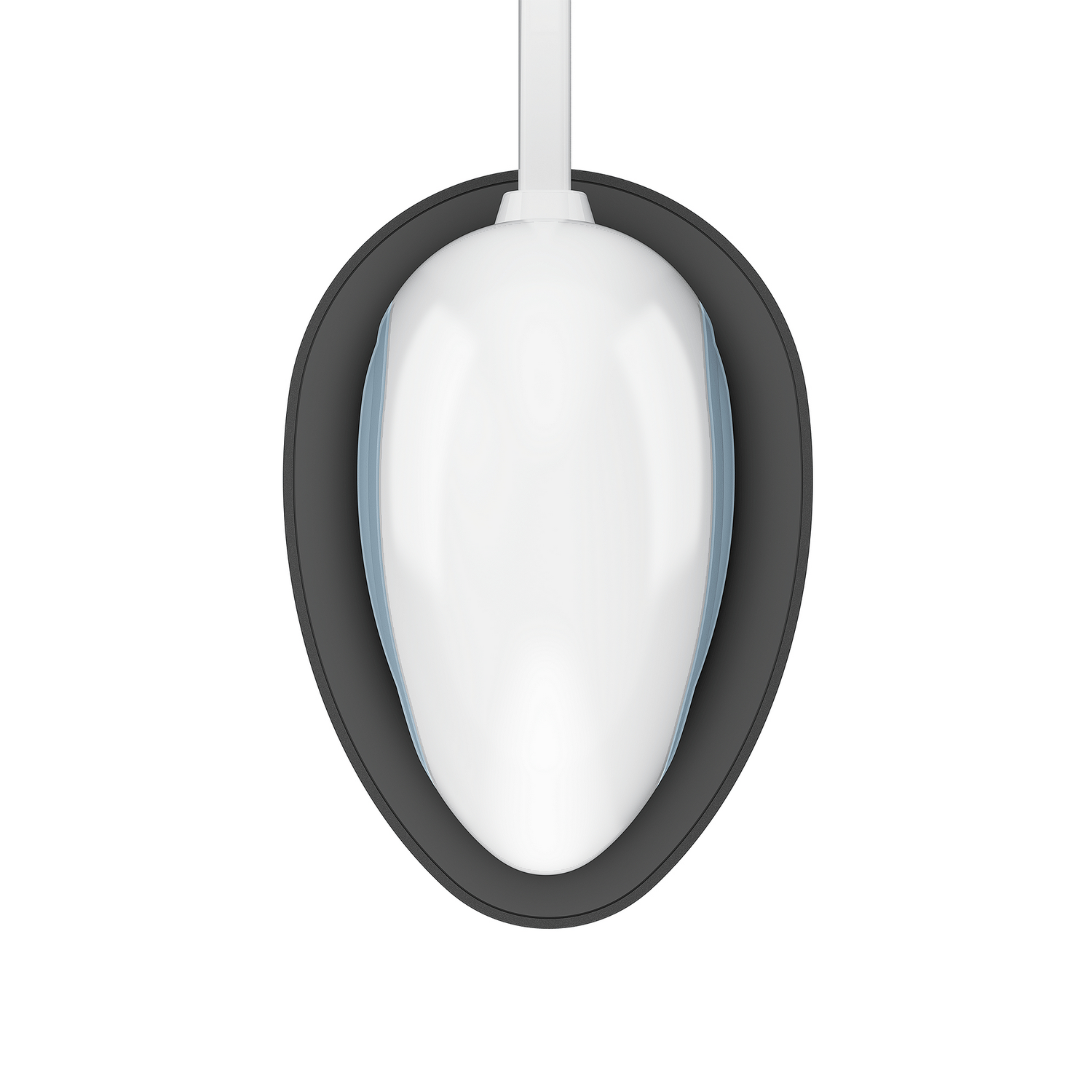 Objeto blanco con forma de huevo y franja azul, rodeado por un anillo negro.