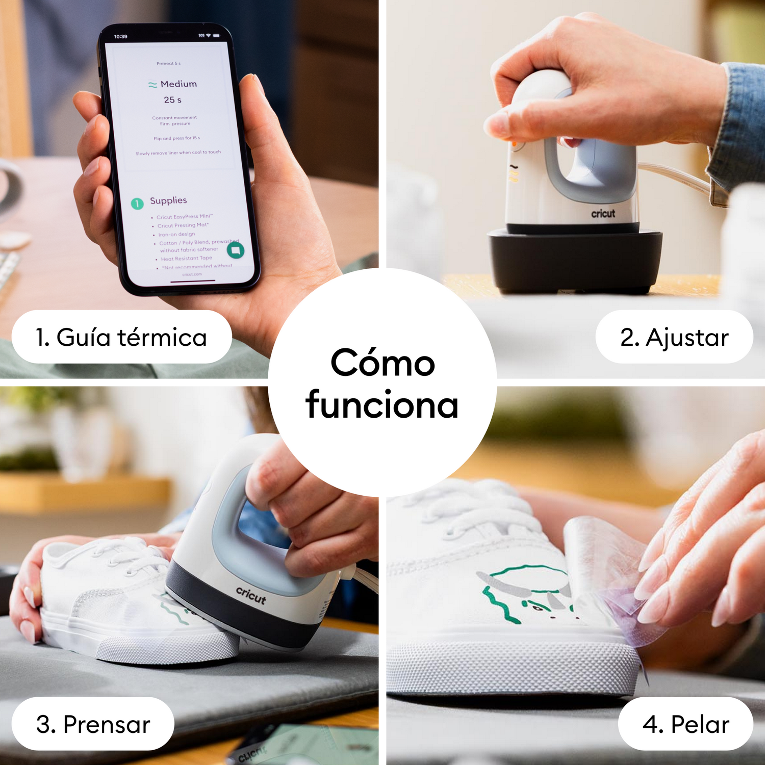 Cuatro pasos: app móvil, plancha en soporte, planchado, retirada del soporte.