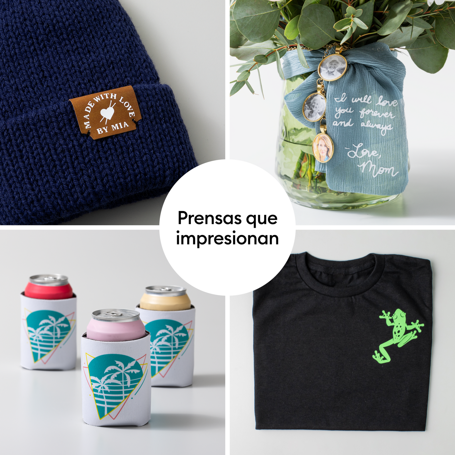 Cuatro artículos: un gorro azul marino, jarrón con flores, tres enfriadores de latas y camiseta negra.