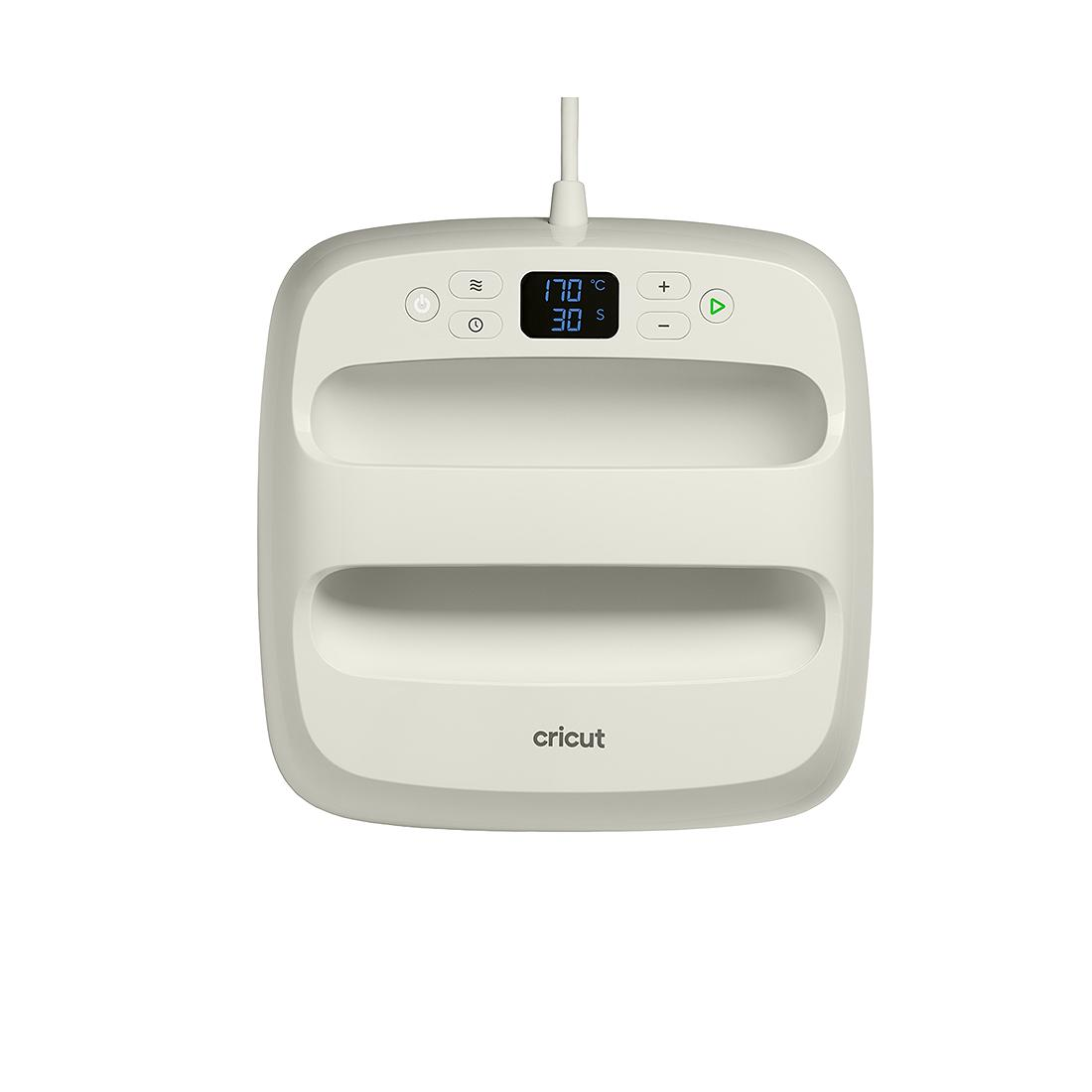 Una Cricut EasyPress color crema con pantalla digital mostrando 170°C y 30s.