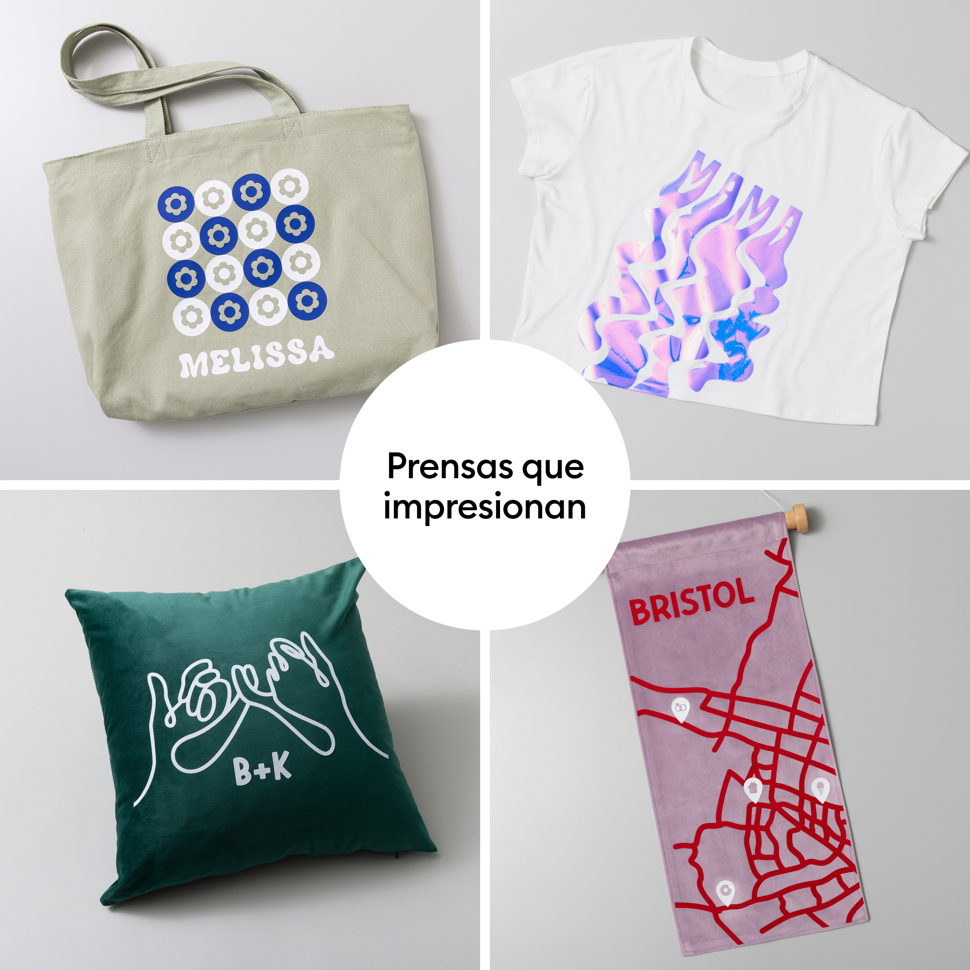 Collage de cuatro artículos personalizados: bolsa, camiseta, cojín y banderín.