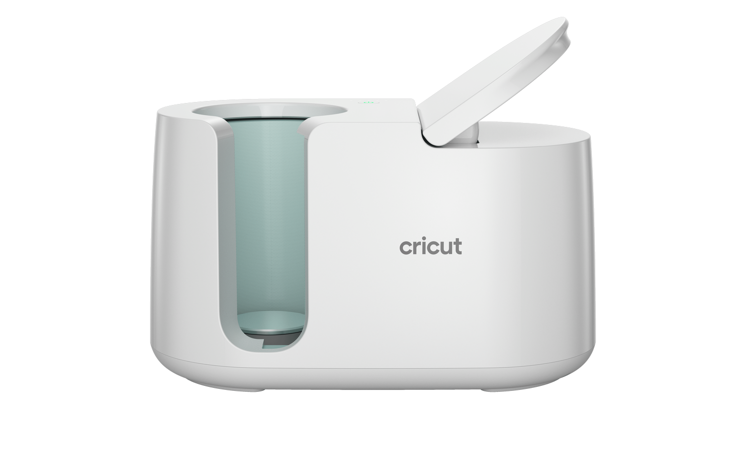 Una prensa para tazas Cricut blanca con la tapa abierta y el interior azul claro.
