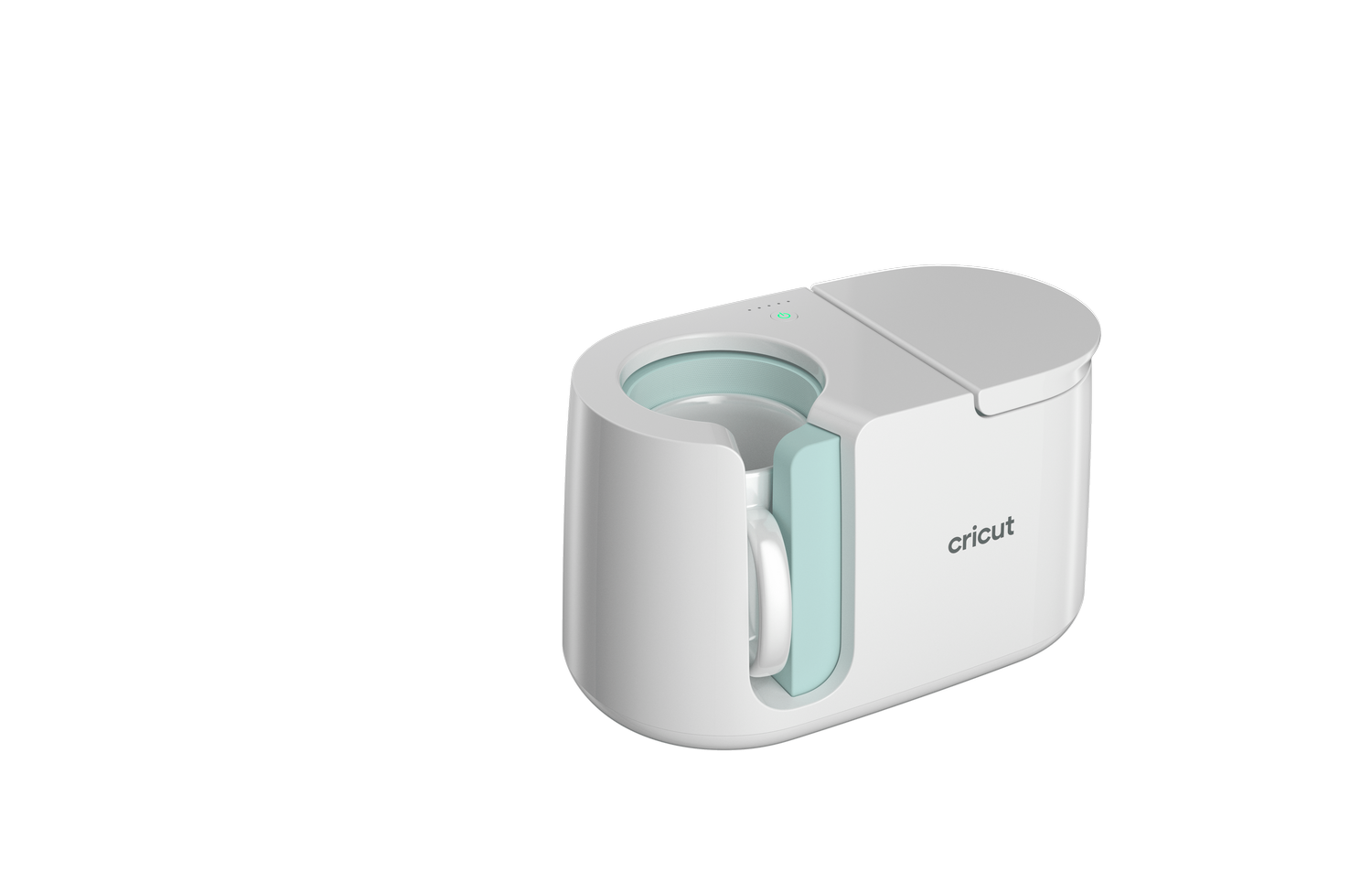Una prensa para tazas Cricut blanca y turquesa sobre fondo gris.