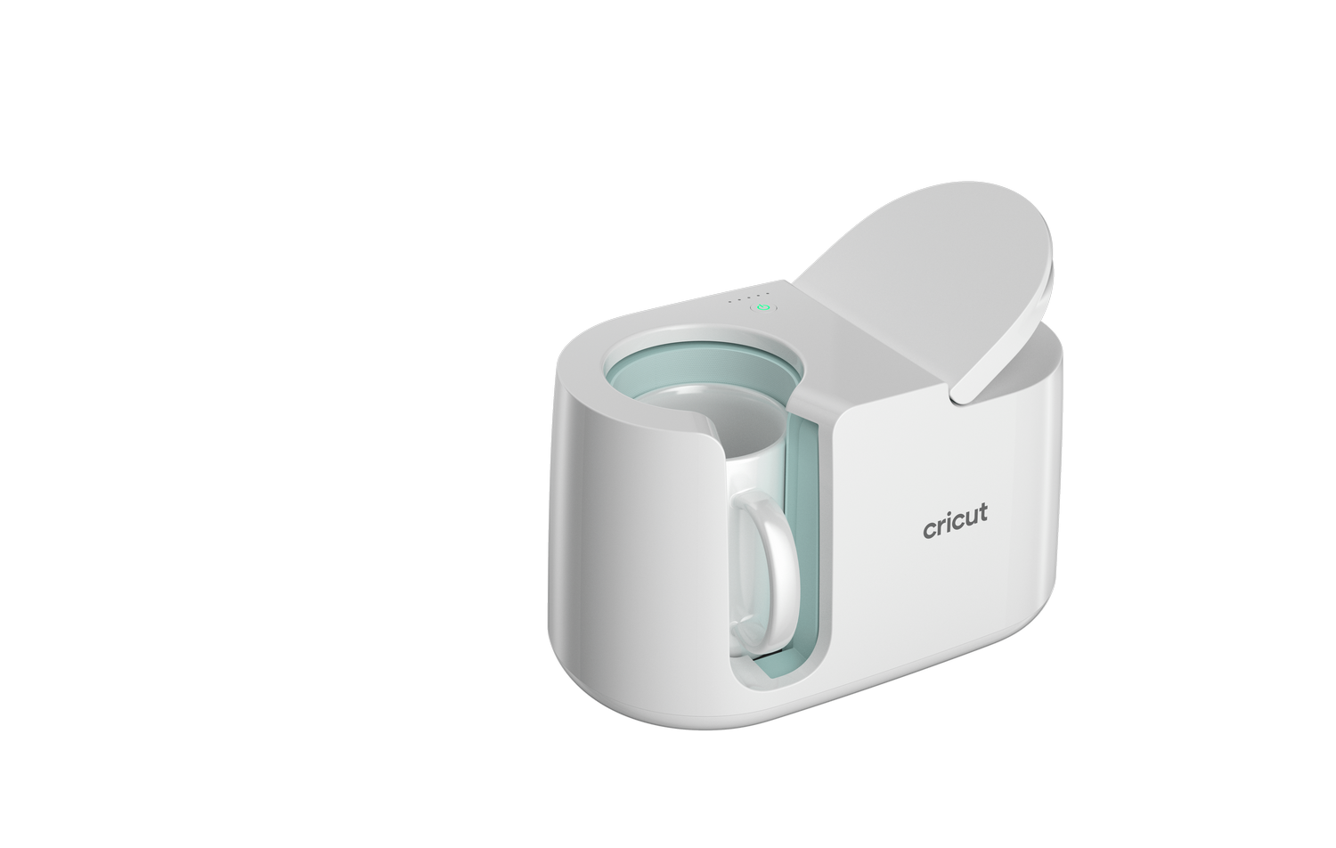 Una prensa de tazas Cricut blanca con interior azul sostiene una taza blanca.