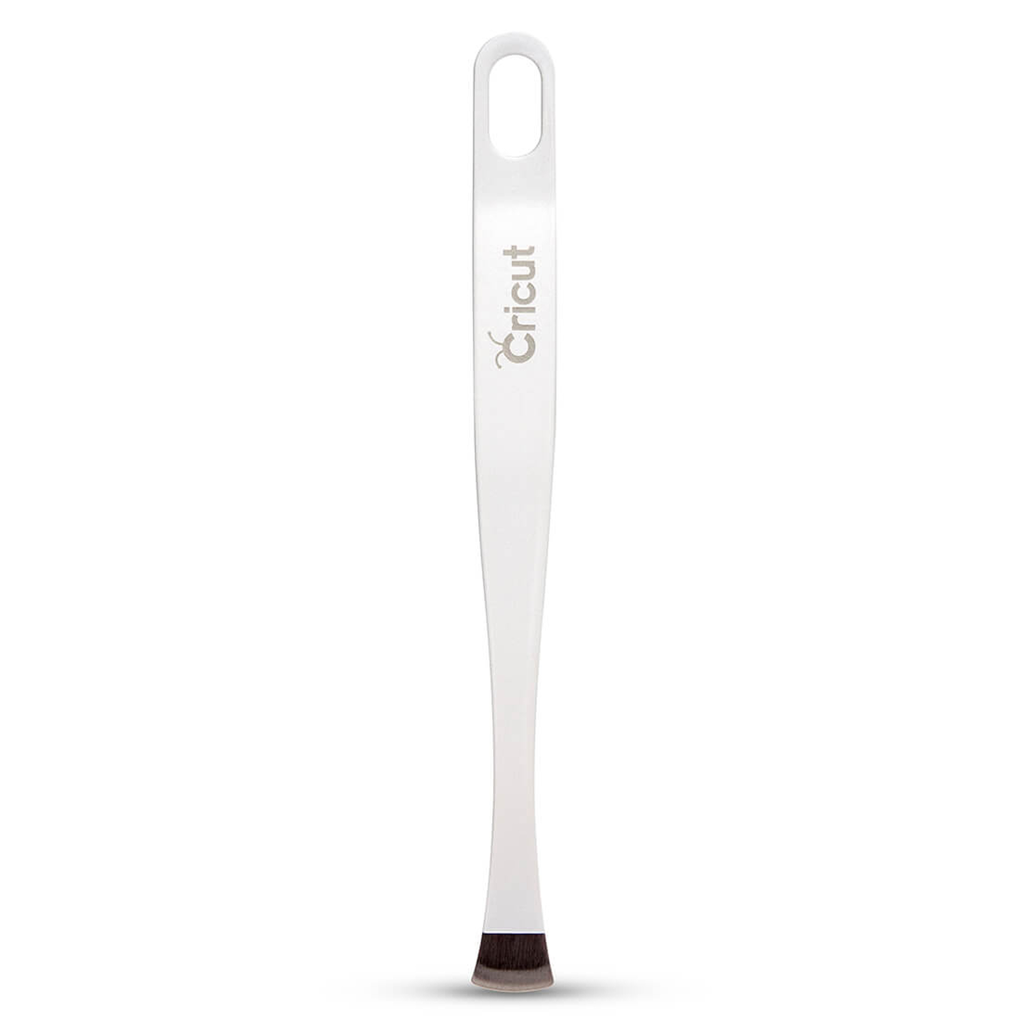 Una rasqueta blanca con un orificio ovalado en el mango y el logo de Cricut.