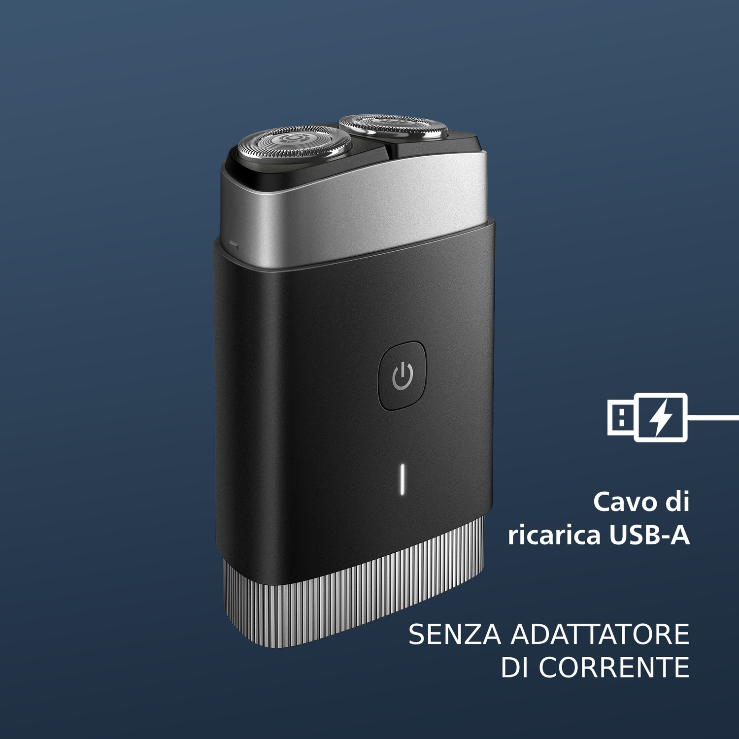 Un rasoio elettrico nero con parte superiore argentata e due lame rotanti.