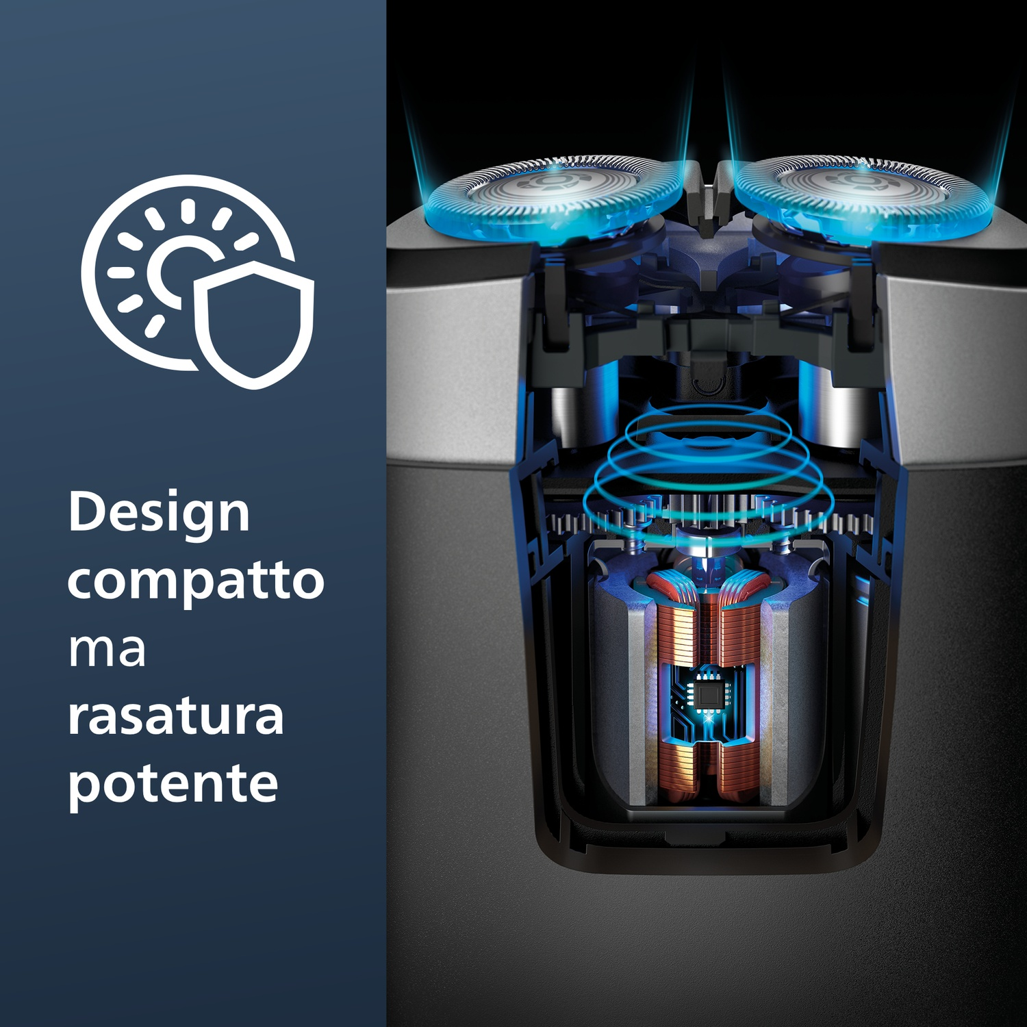 Sezione di un rasoio con lame e motore blu luminosi.