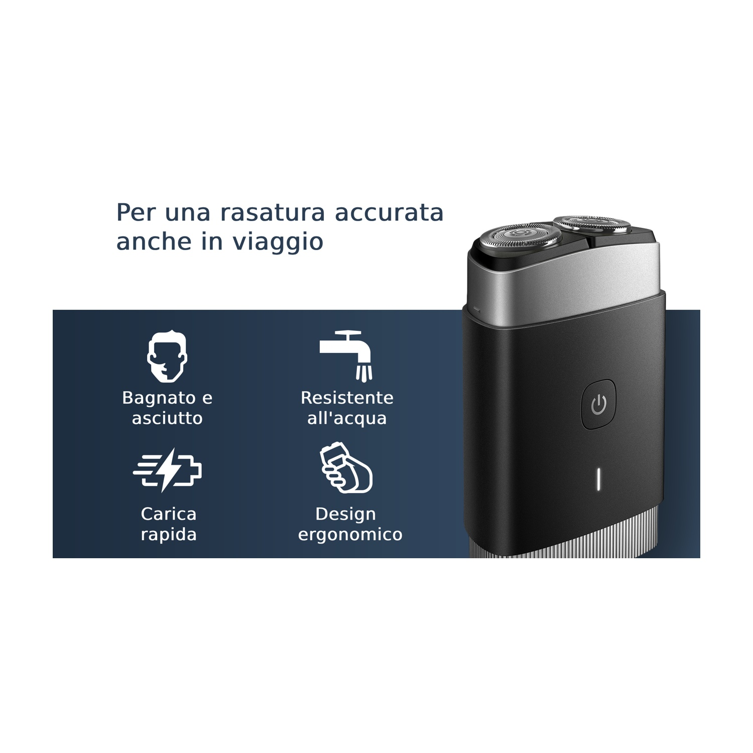 Un rasoio da viaggio nero con due testine e indicatore di carica.