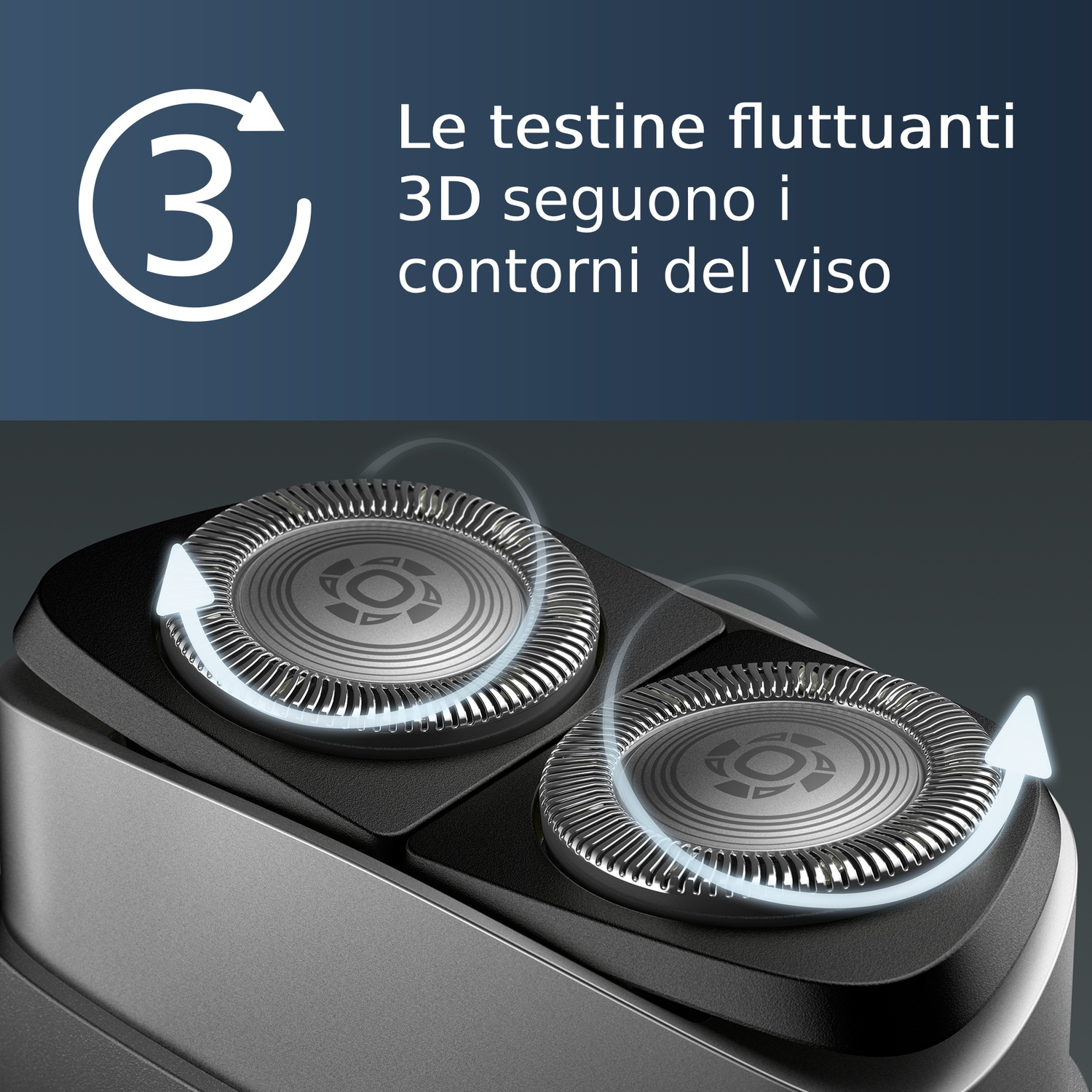 Primo piano di un rasoio elettrico con tre testine rotanti che si adattano ai contorni del viso.