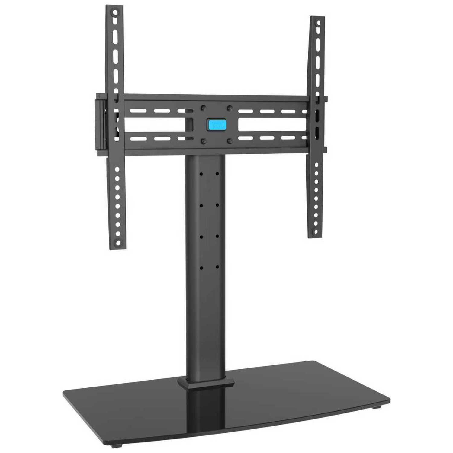 A black TV stand with a rectangular base and vertical pole.