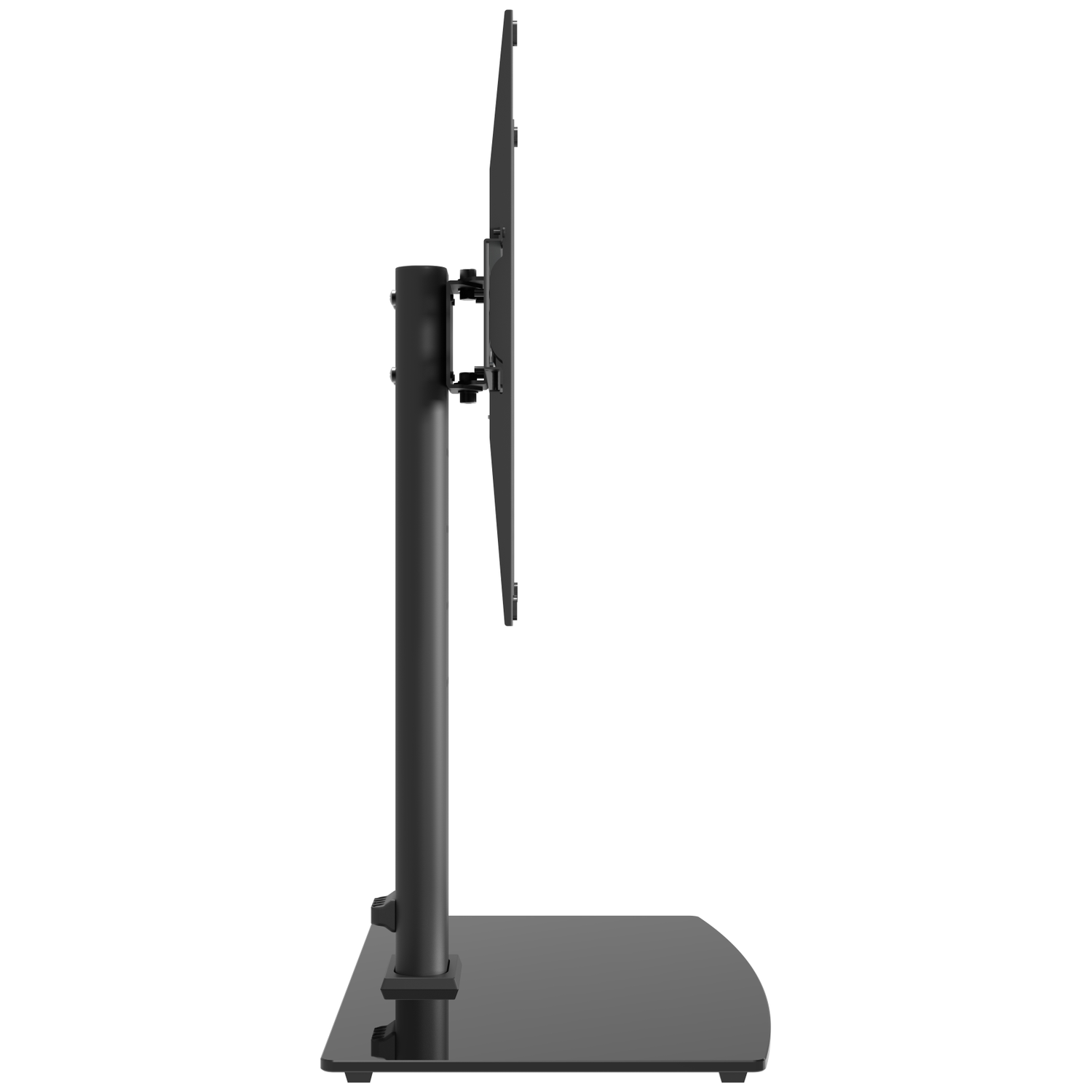 Black TV stand with a flat base and vertical post.