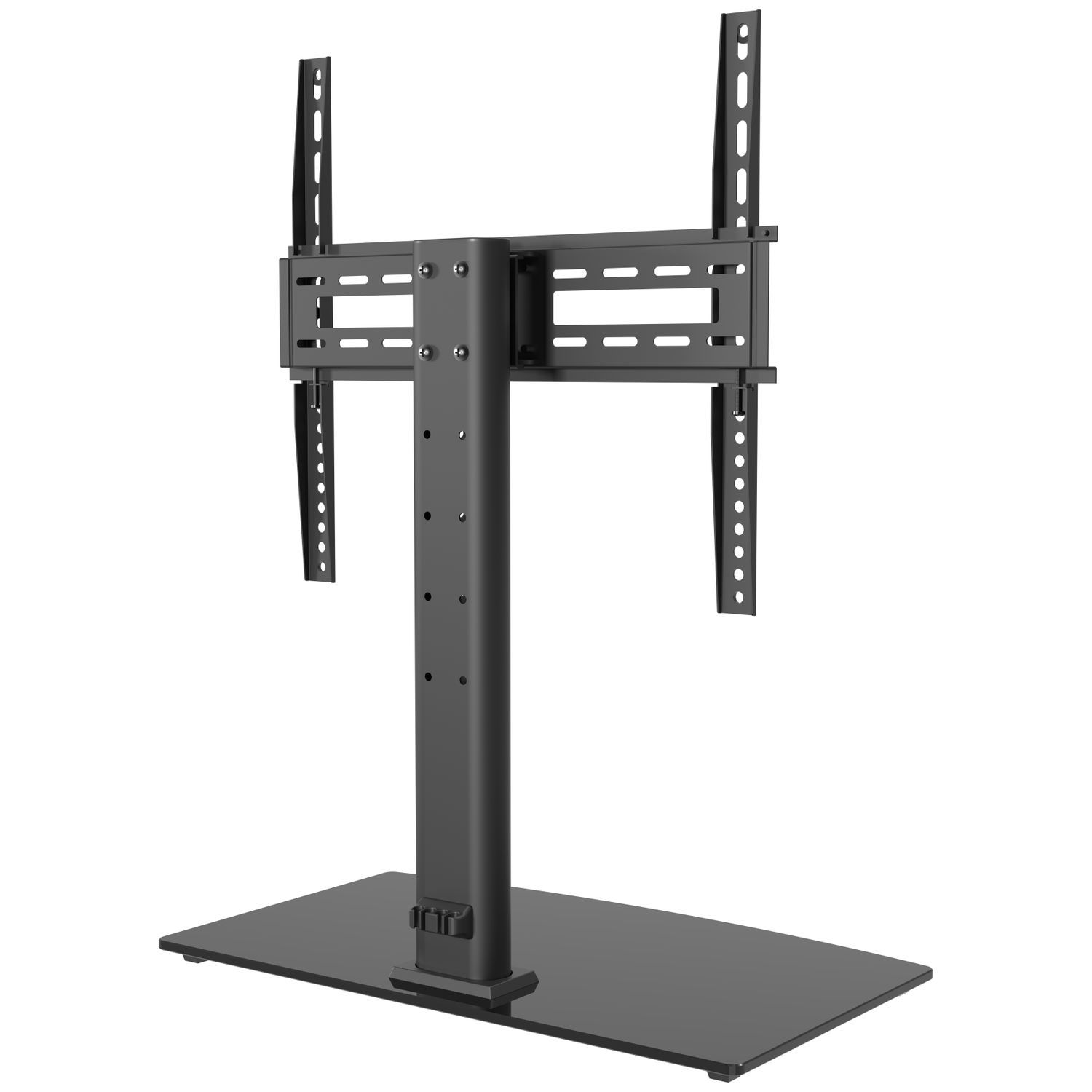 A black metal TV stand with a rectangular base and a vertical post.