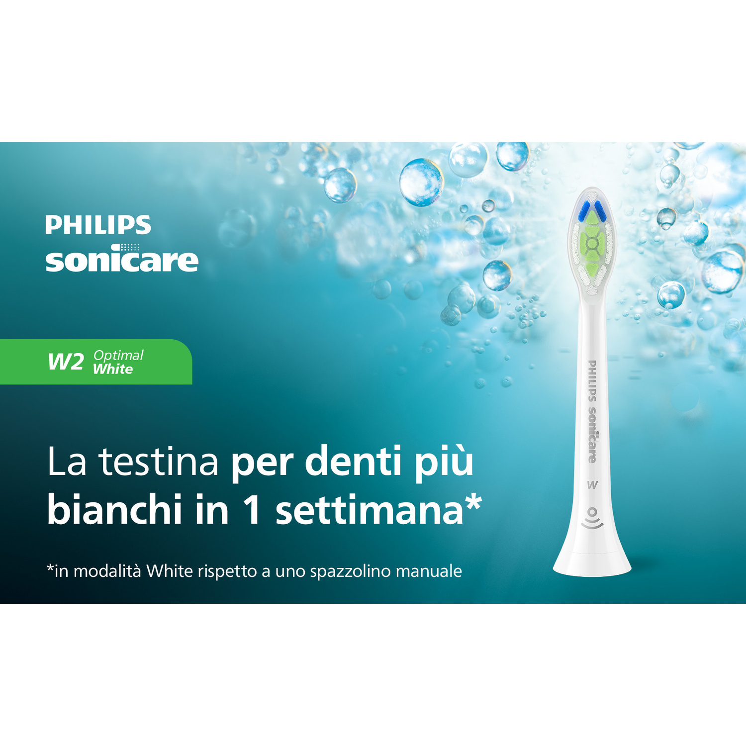Spazzolino Philips Sonicare bianco con testina W2 Optimal White su sfondo blu.