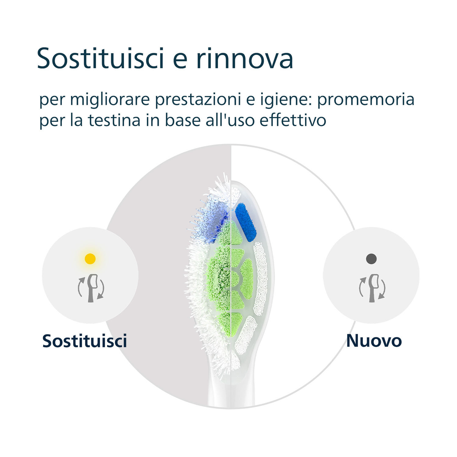 Testina spazzolino: Sostituisci e rinnova. Una testina nuova è pulita.