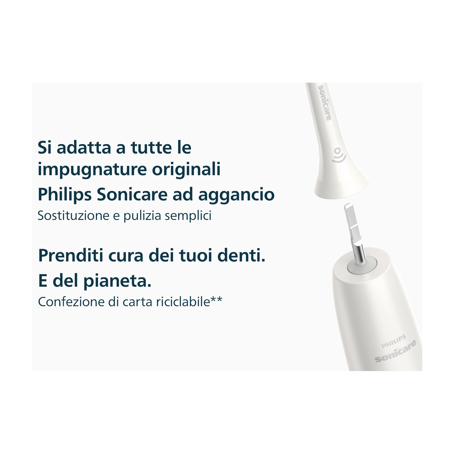 Spazzolino Philips Sonicare bianco con testina staccabile, testo in italiano.