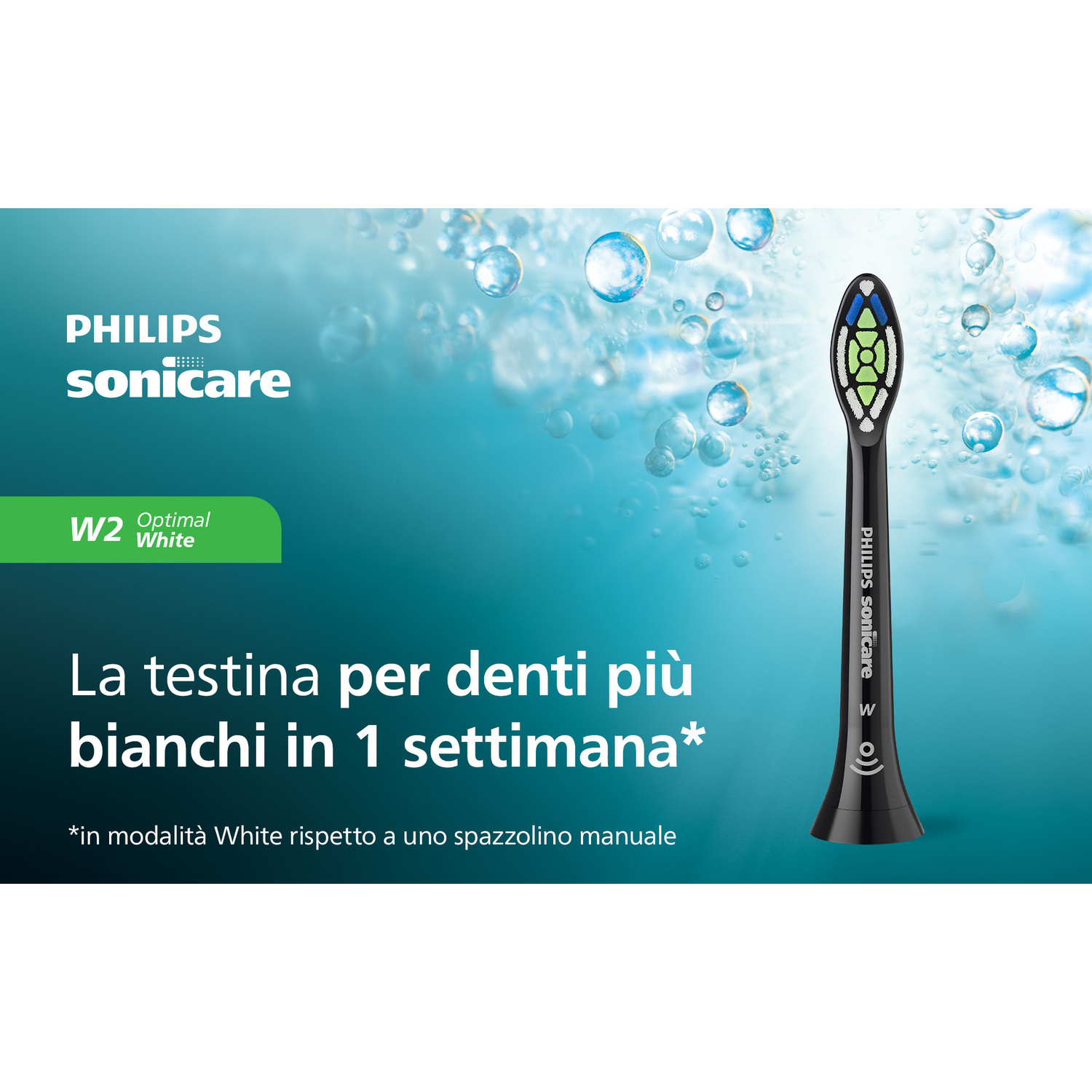 Testina Philips Sonicare W2 Optimal White con setole blu, verdi e bianche.