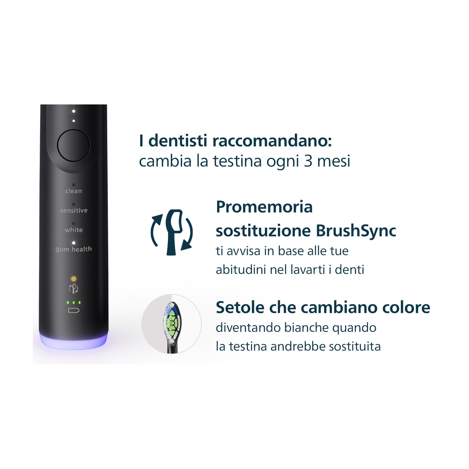 Spazzolino nero con modalità e testina che cambia colore.