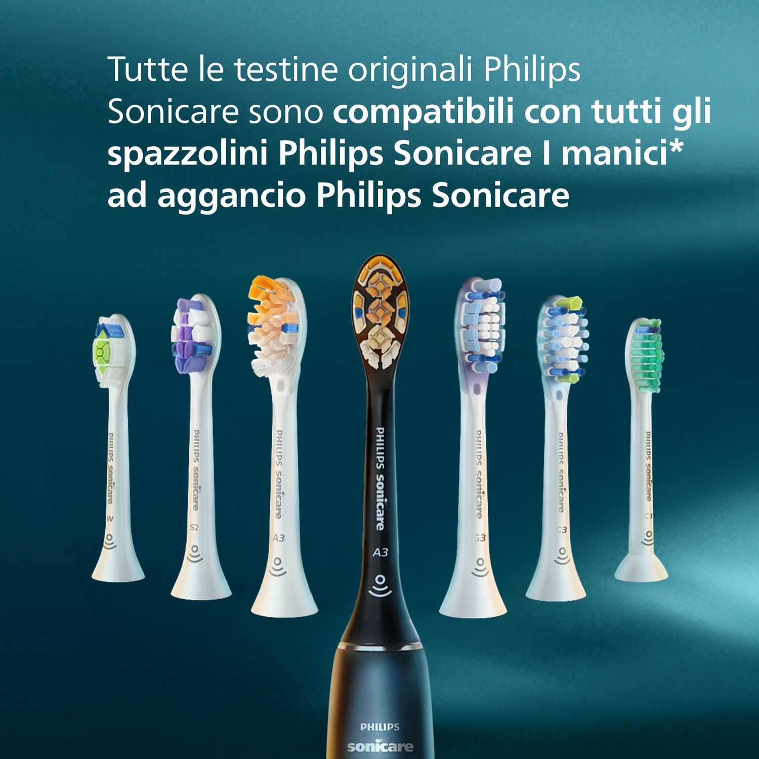 Testine Philips Sonicare in vari colori e un manico nero.