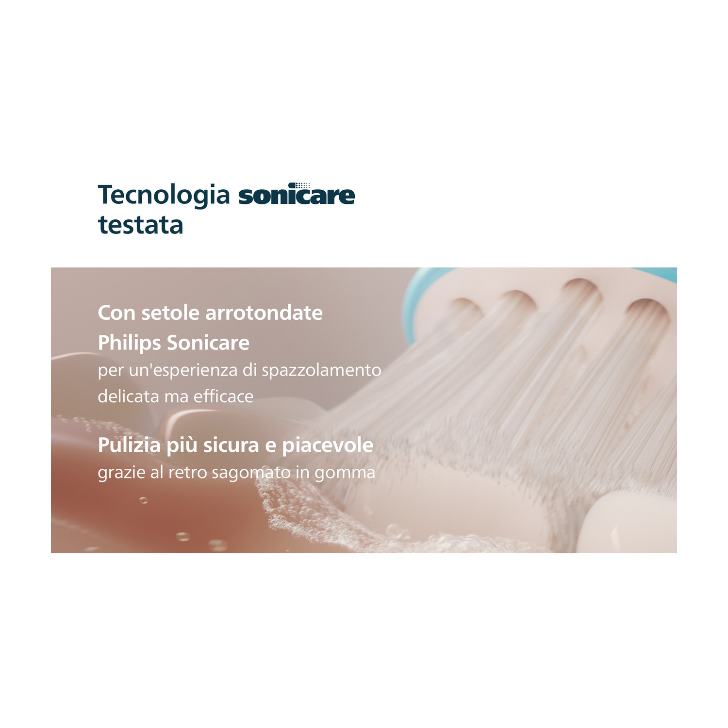 Spazzolino Philips Sonicare con setole arrotondate e retro in gomma.
