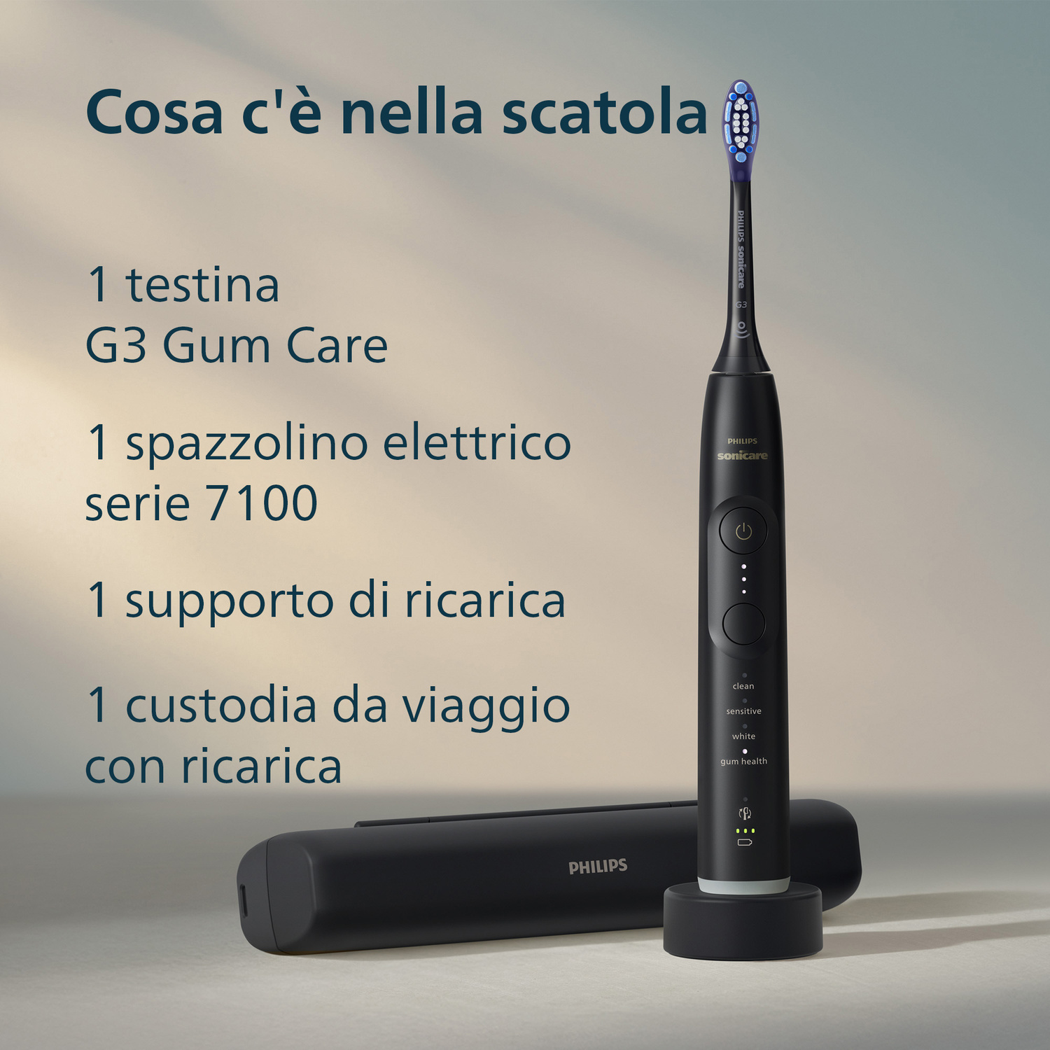 Spazzolino elettrico nero con base di ricarica, custodia da viaggio, testina e testo.