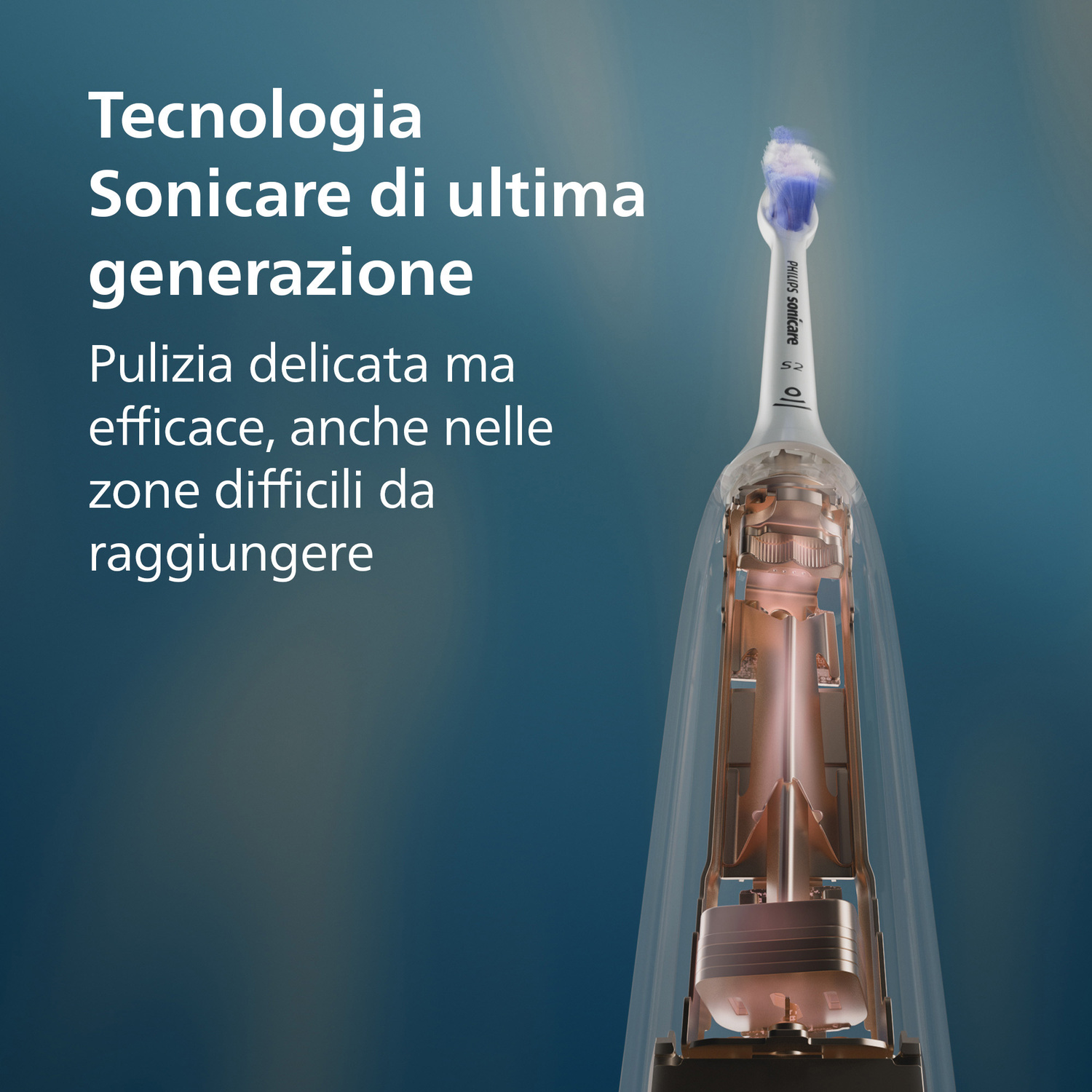 Un modello trasparente di spazzolino sonico mostra componenti interni. Testo in italiano.