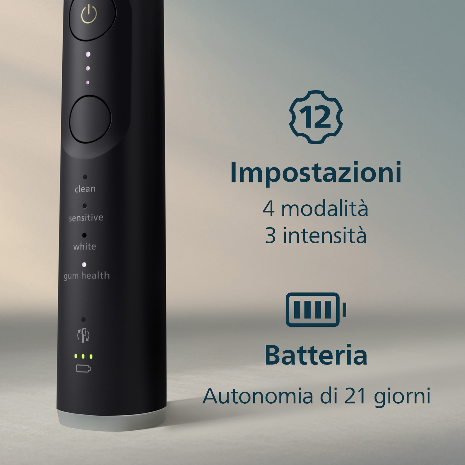 Spazzolino nero con modalità: Clean, Sensitive, White, Gum Health. 12 impostazioni.