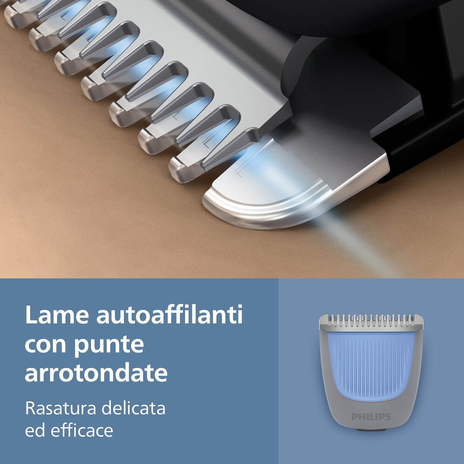 Primo piano di una testina di rasoio Philips con lame metalliche affilate e arrotondate e accenti blu.