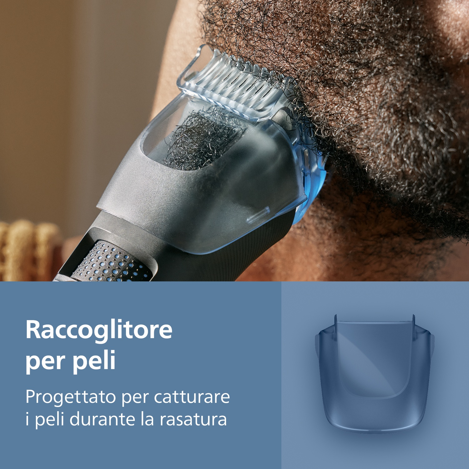 Un rifinitore taglia capelli scuri. I peli vengono raccolti nell'accessorio.