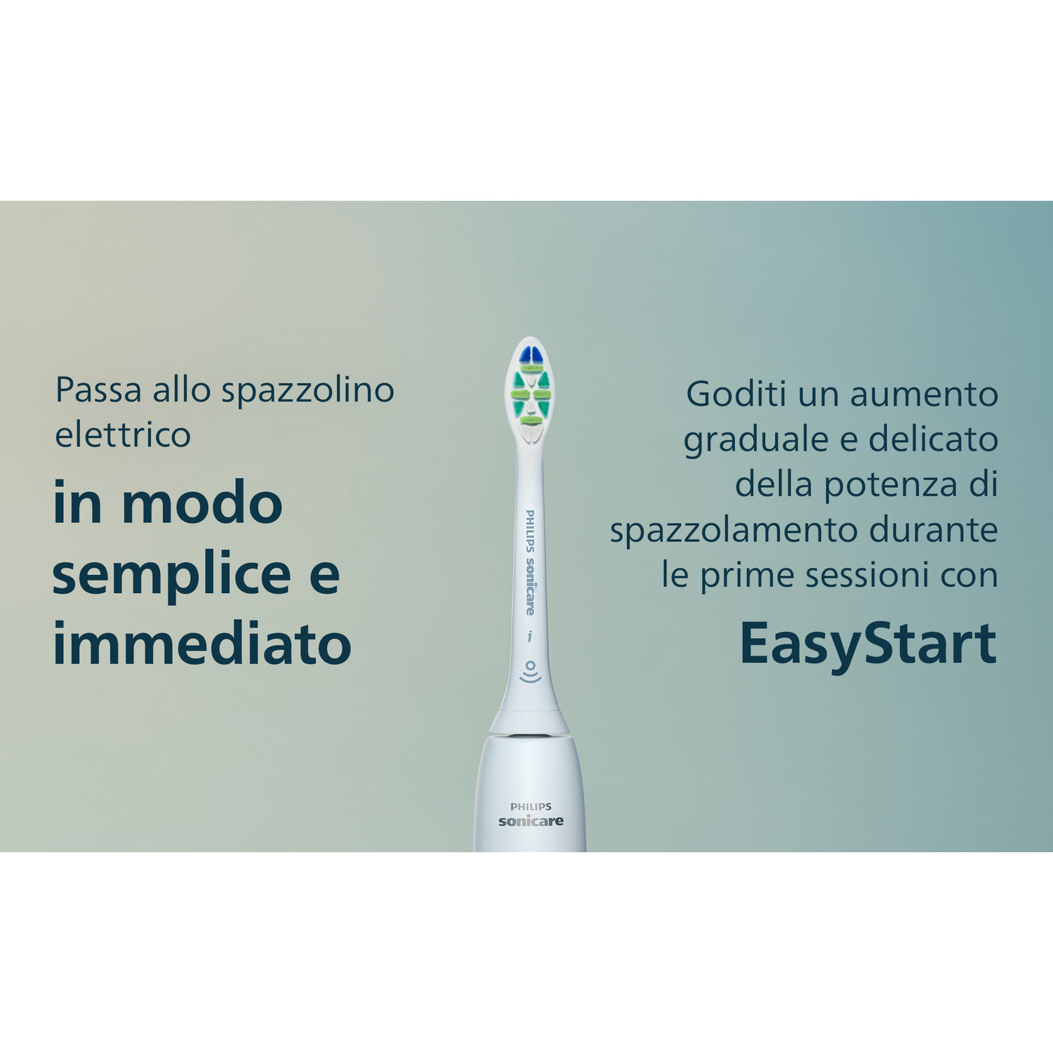 Un modello di spazzolino Philips Sonicare bianco con testina blu-verde.
