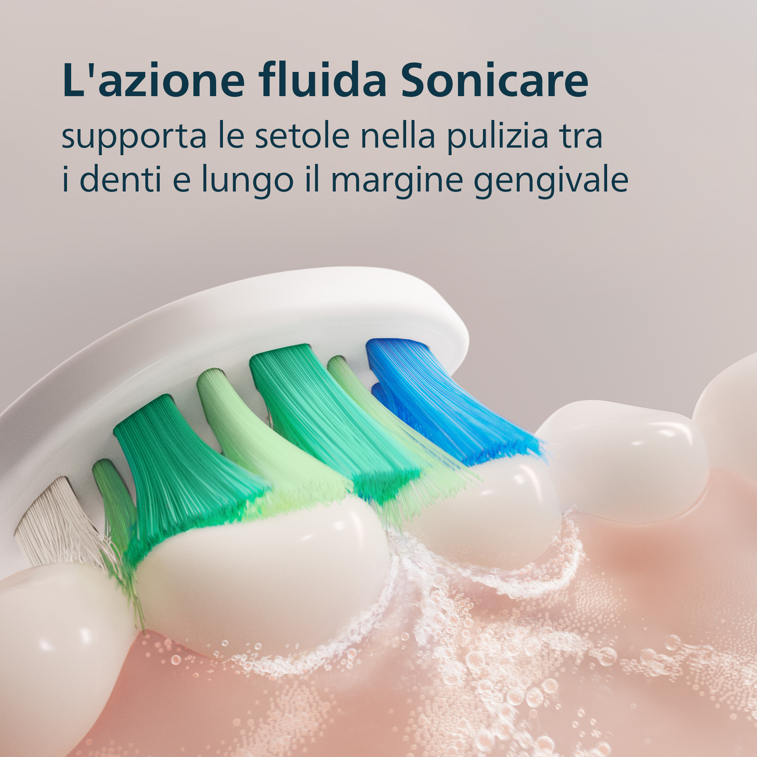Testina Sonicare pulisce denti e gengive con azione fluida.
