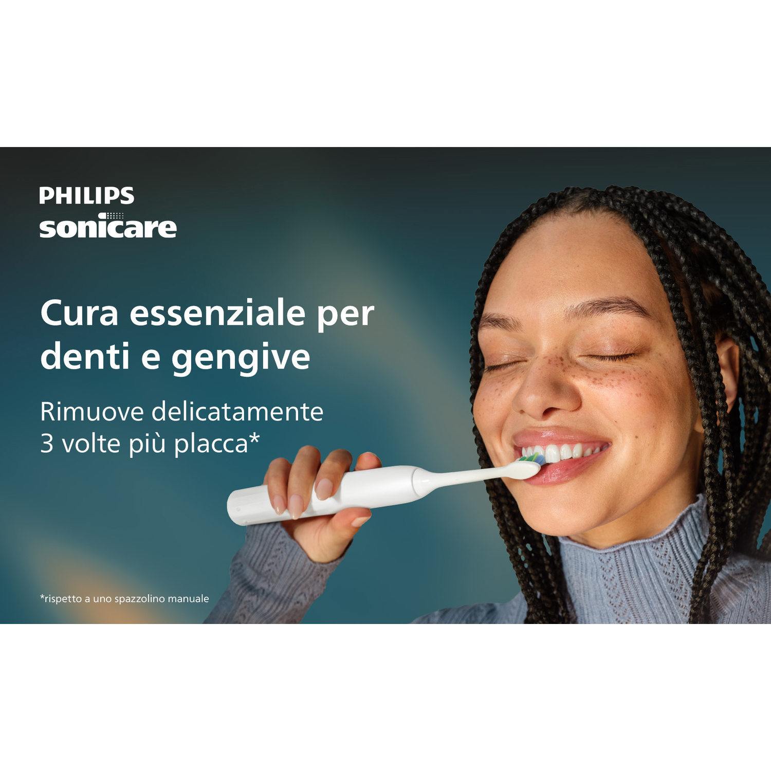 Donna che si lava i denti con spazzolino elettrico. Logo Philips Sonicare.