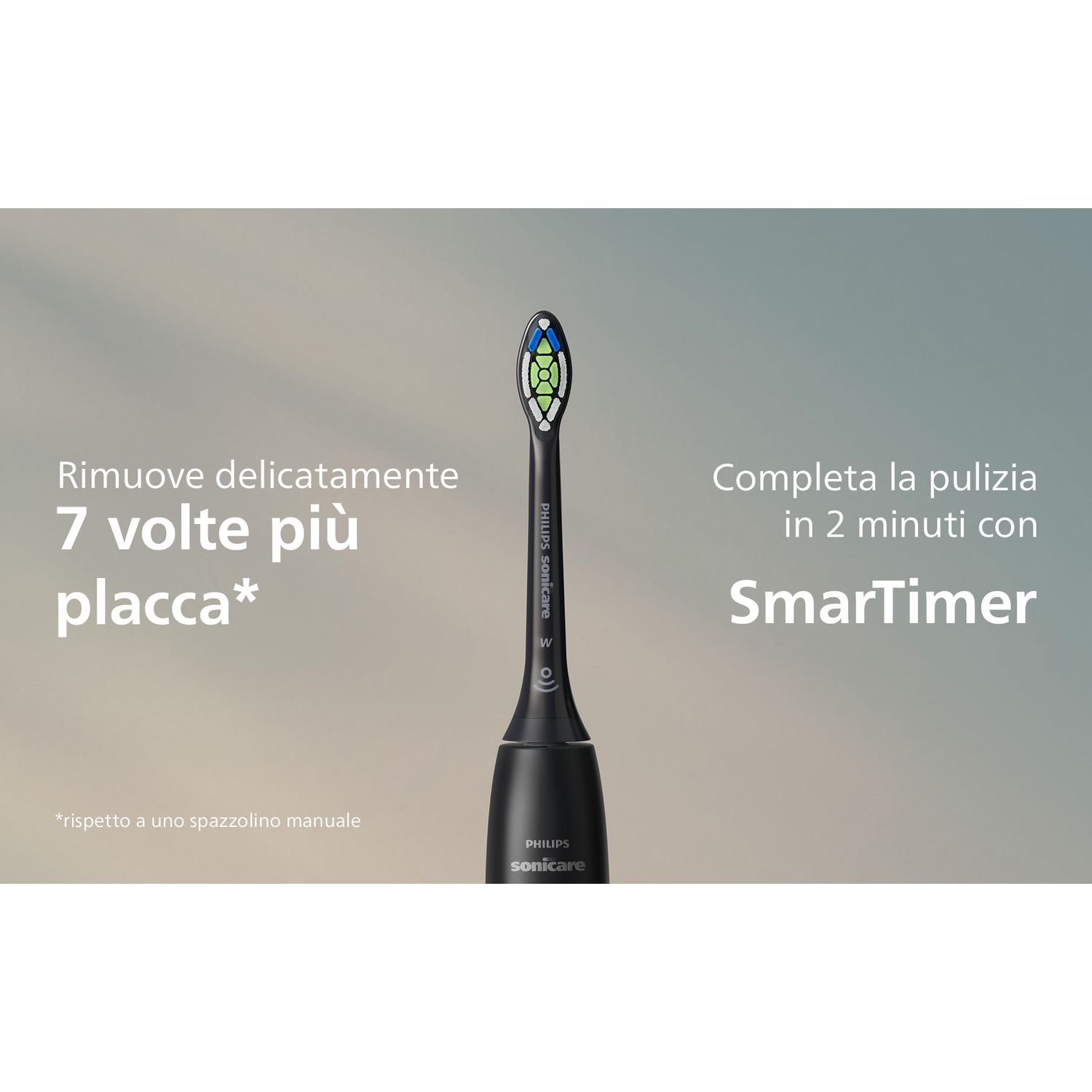 Spazzolino Philips Sonicare nero con testina blu-verde su sfondo grigio.
