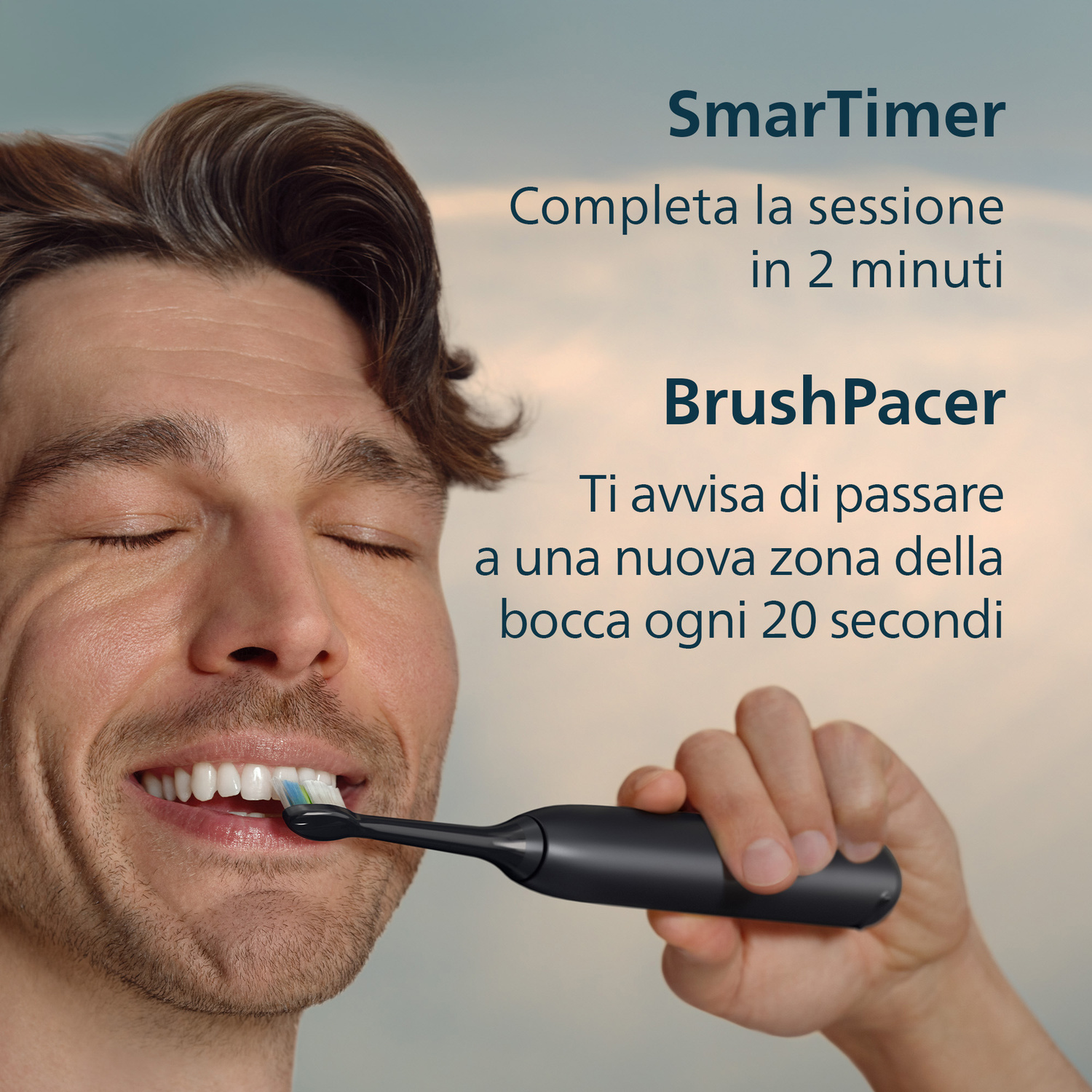 Uomo si lava i denti con spazzolino nero. SmarTimer & Brush Pacer.