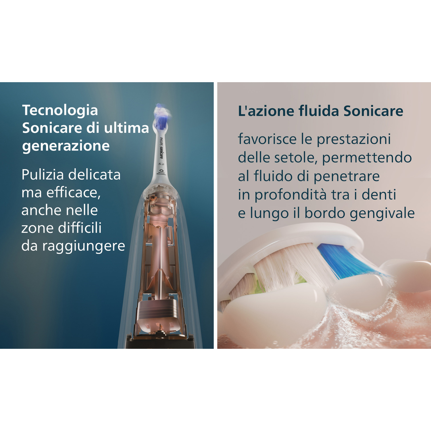 Una testina di spazzolino sonico Philips Sonicare pulisce denti e gengive.