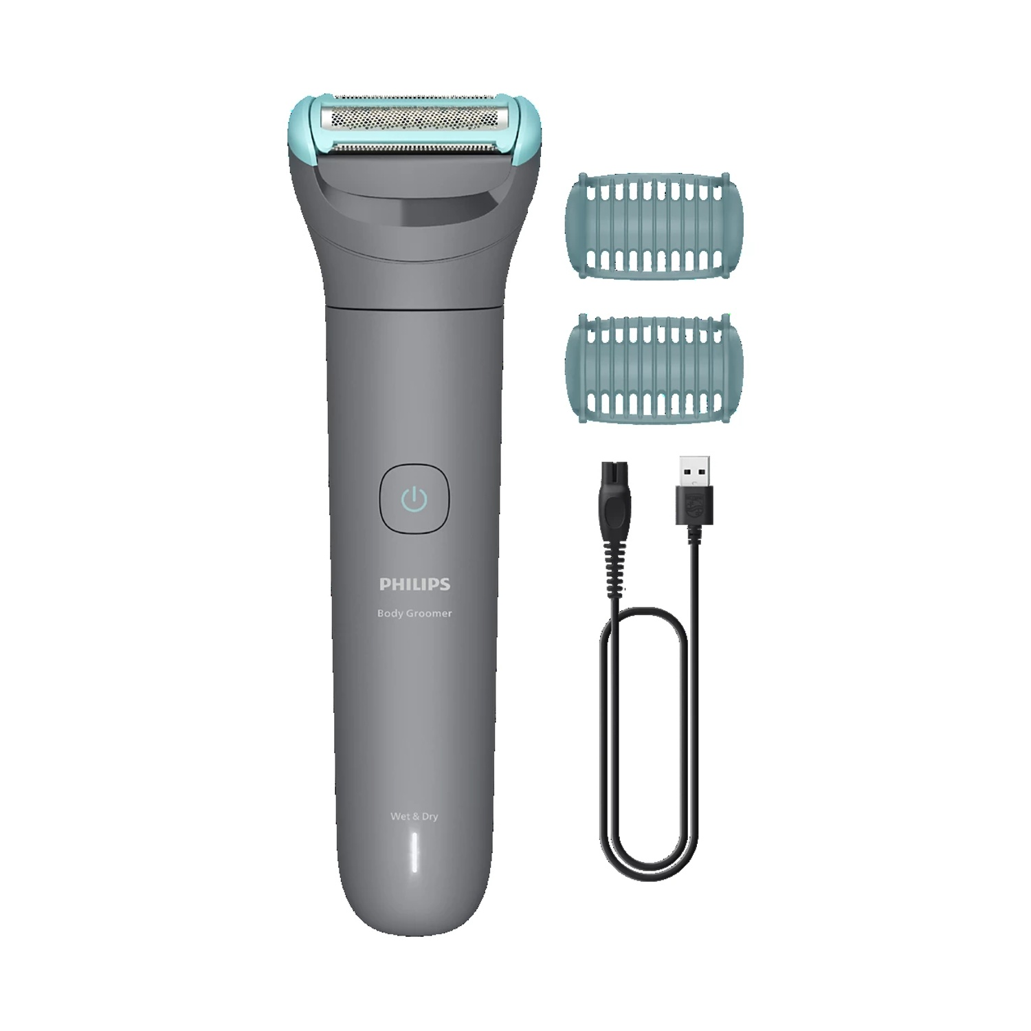 Un rifinitore corpo Philips grigio con accessori: due pettini e un cavo.
