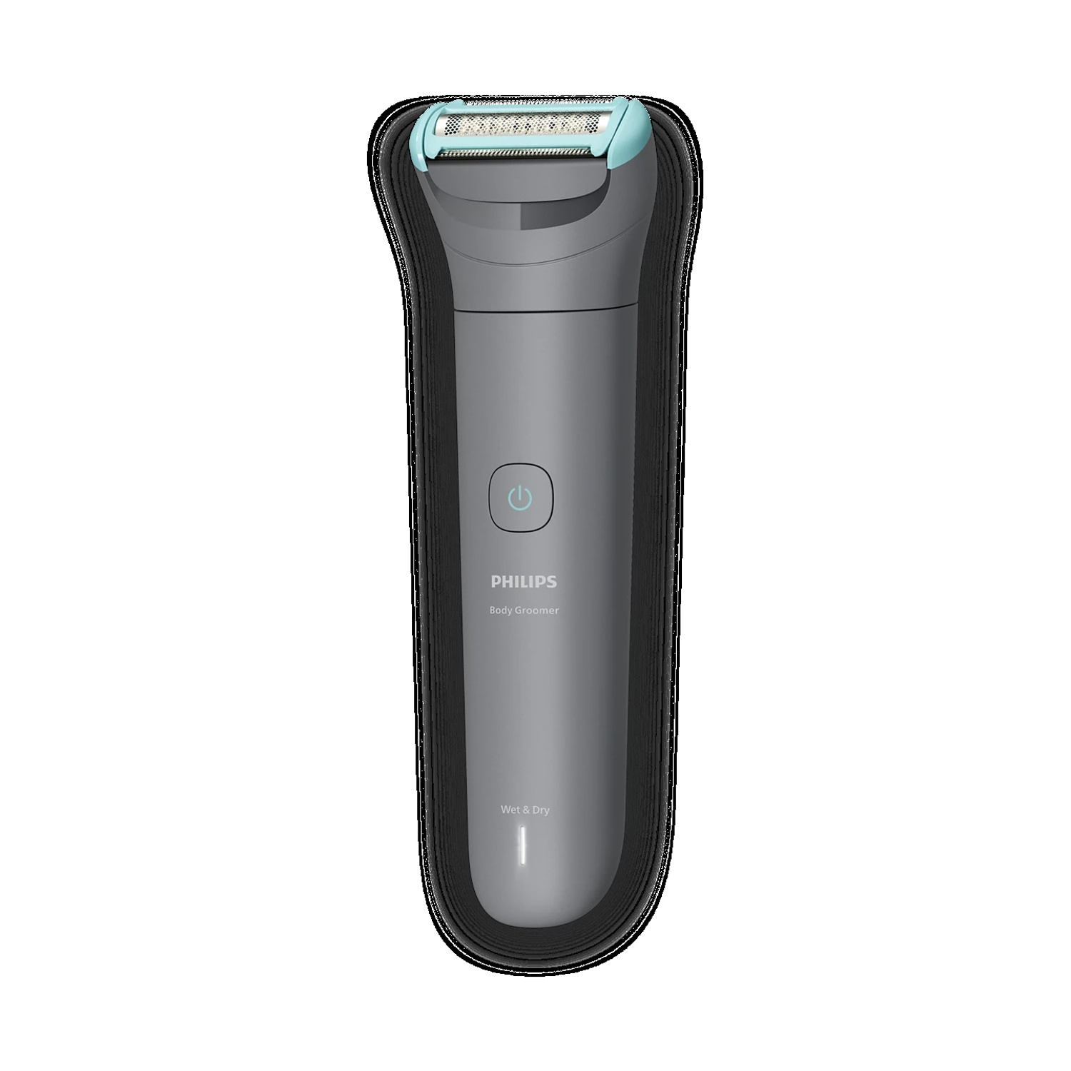 Body groomer Philips grigio con testina rifinitore in custodia nera.